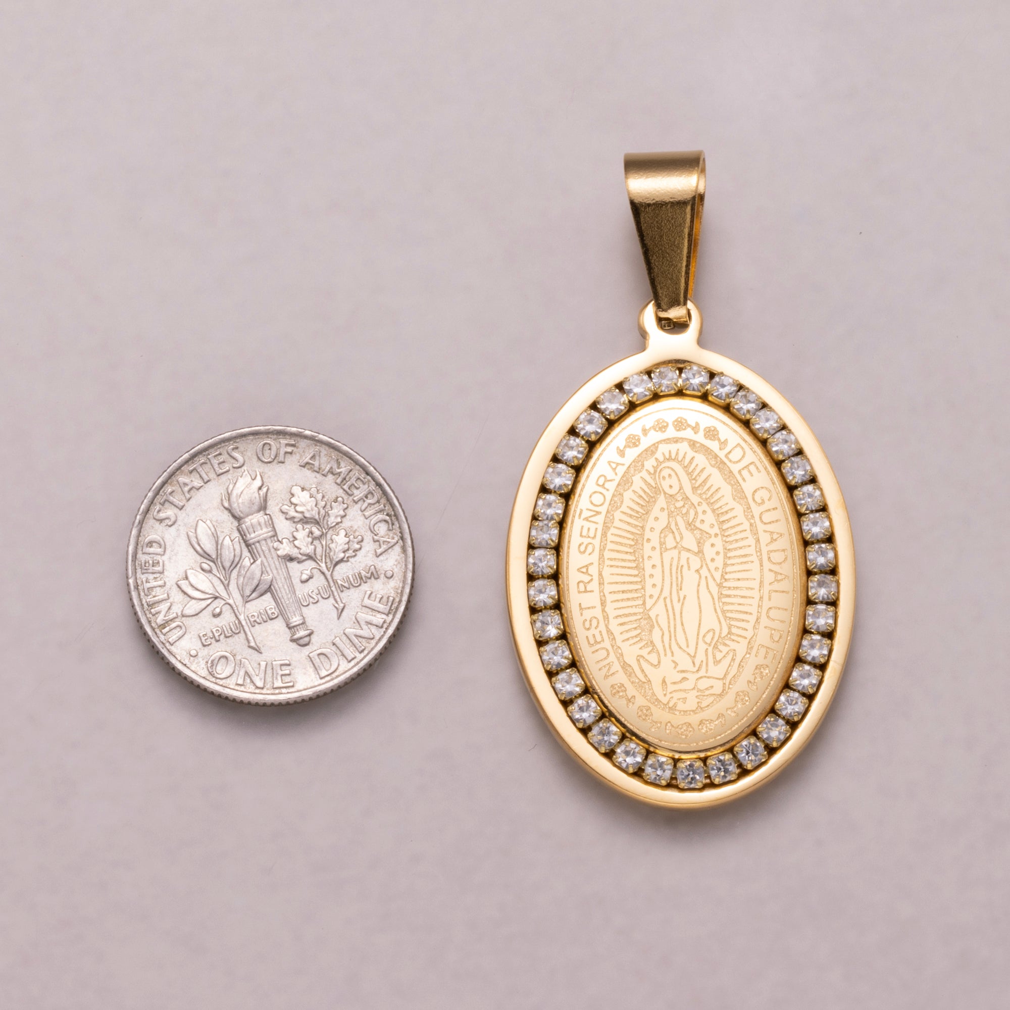 Gold PVD Stainless Steel Holy Mary Oval Medallion Pendant Lady Guadalupe Charm