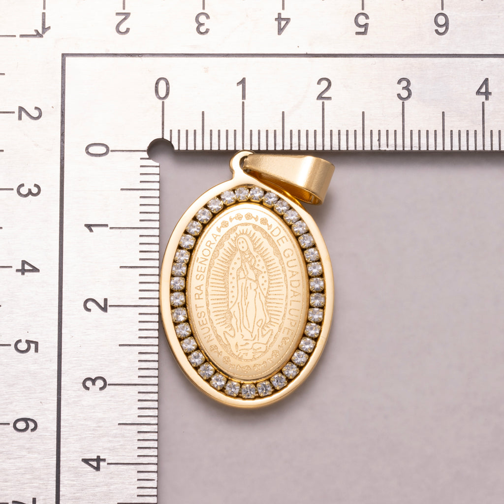 Gold PVD Stainless Steel Holy Mary Oval Medallion Pendant Lady Guadalupe Charm