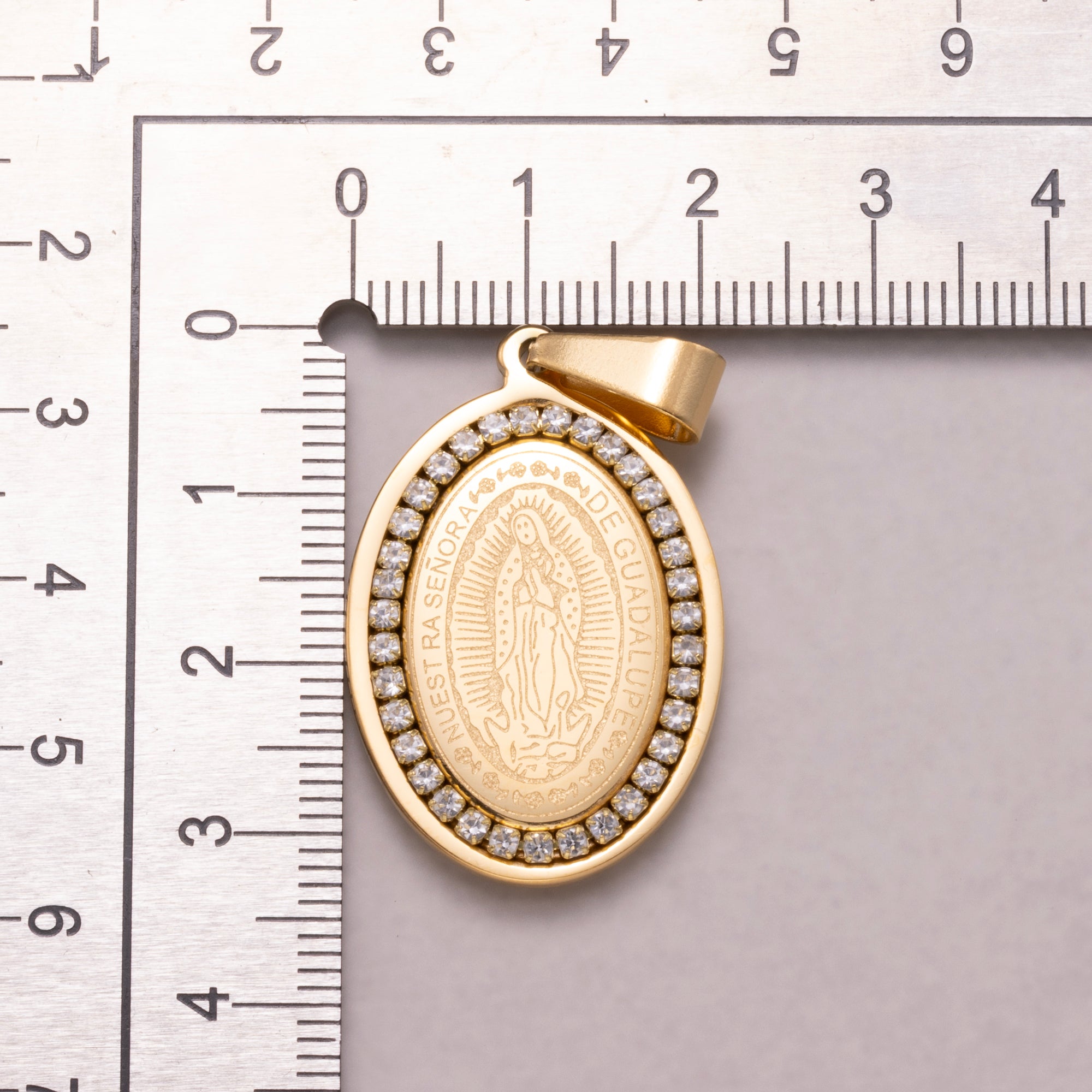 Gold PVD Stainless Steel Holy Mary Oval Medallion Pendant Lady Guadalupe Charm