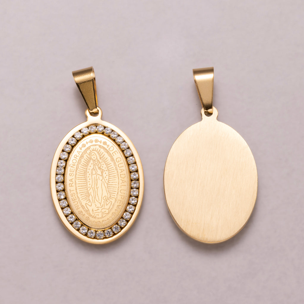 Gold PVD Stainless Steel Holy Mary Oval Medallion Pendant Lady Guadalupe Charm