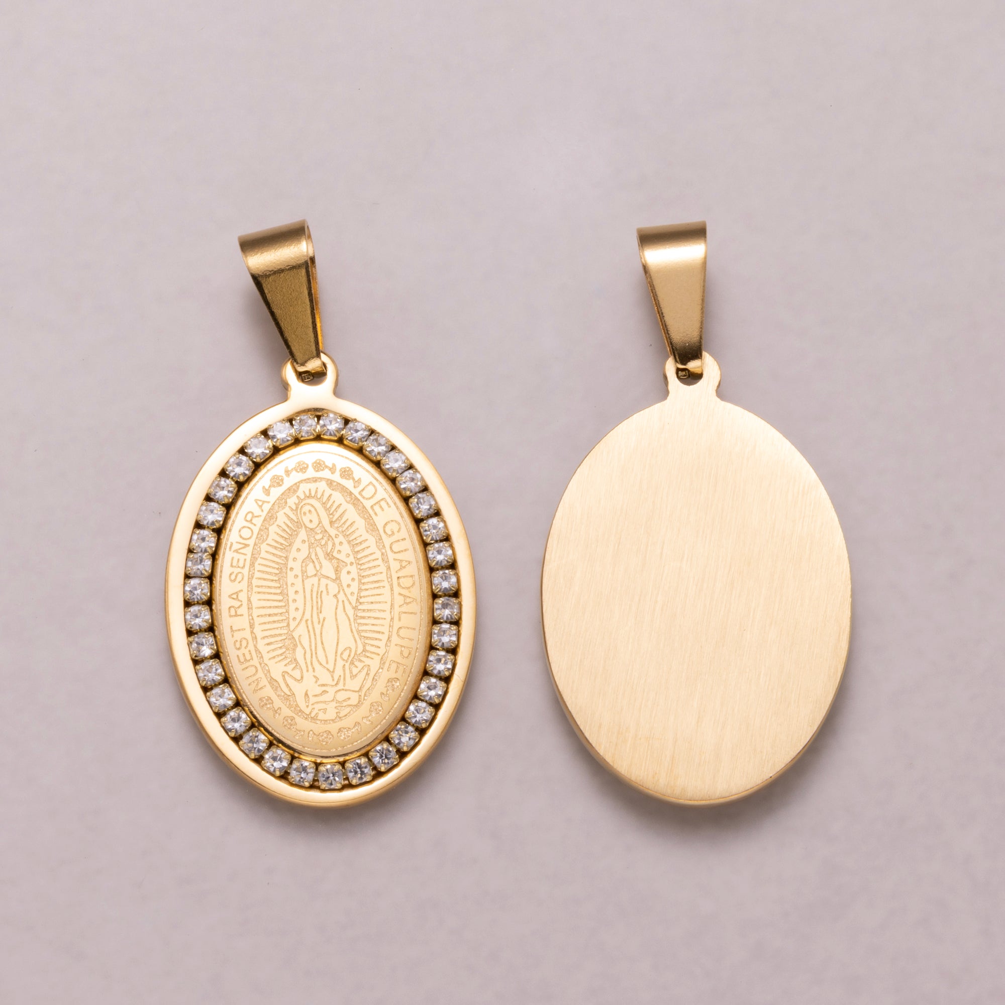 Gold PVD Stainless Steel Holy Mary Oval Medallion Pendant Lady Guadalupe Charm