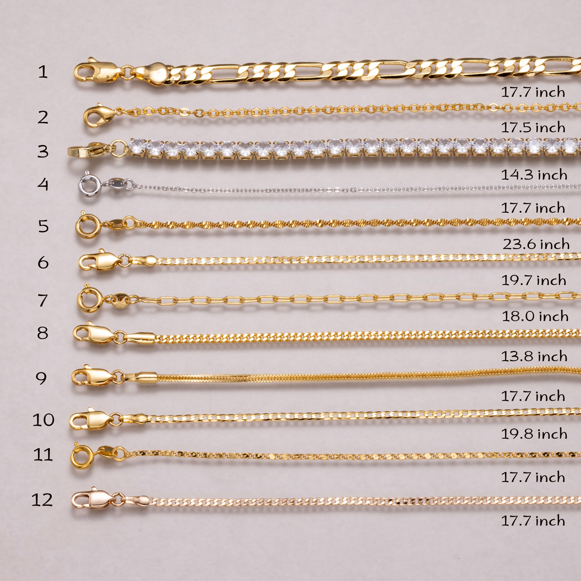24K Gold Plated Curb Chain Curb, Figaro, Tennis Necklace Ready to Wear for Accessory Gift Idea