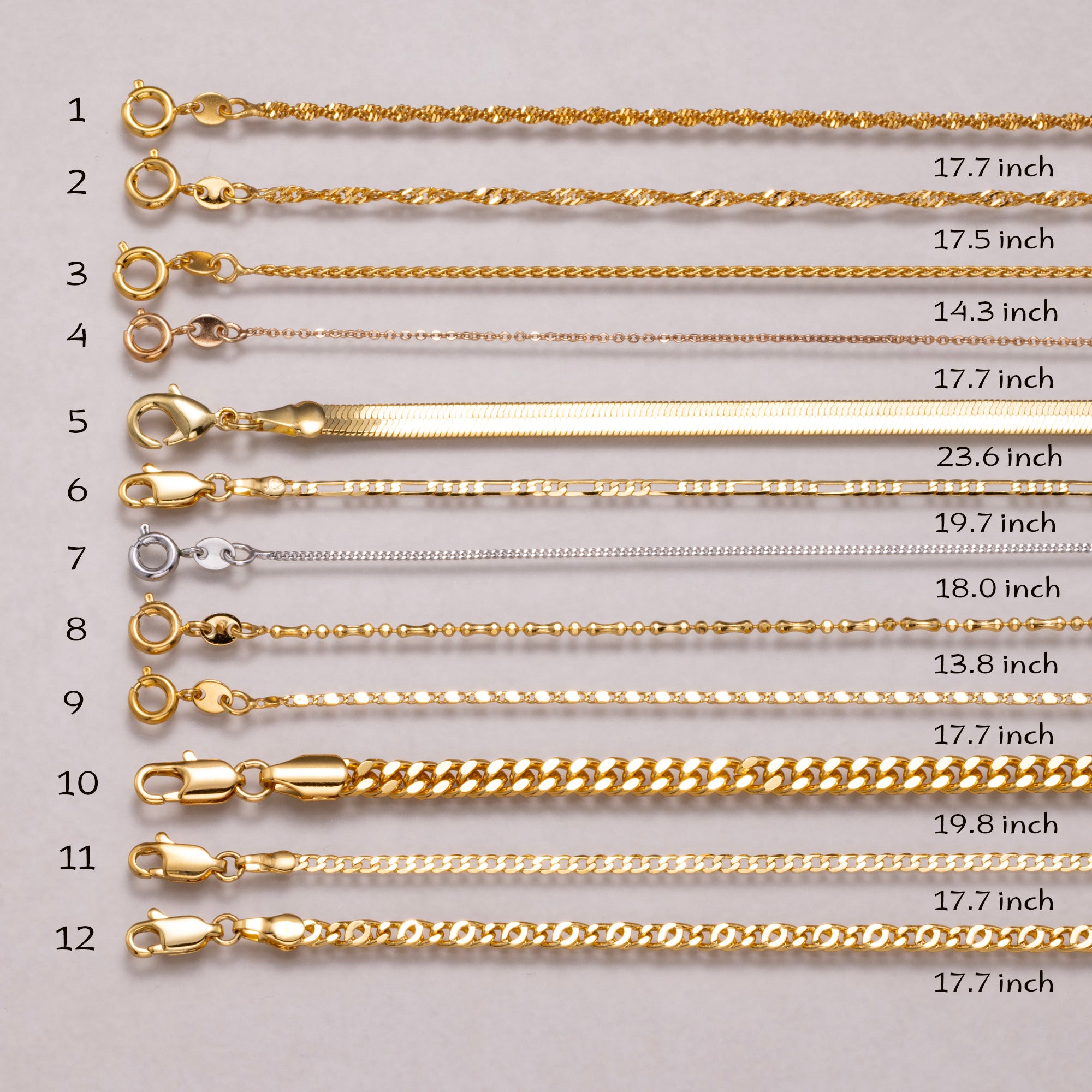 24K Gold Plated Dainty Singapore, Curb, Dapped, Scroll Chain Necklace for Charm Bar
