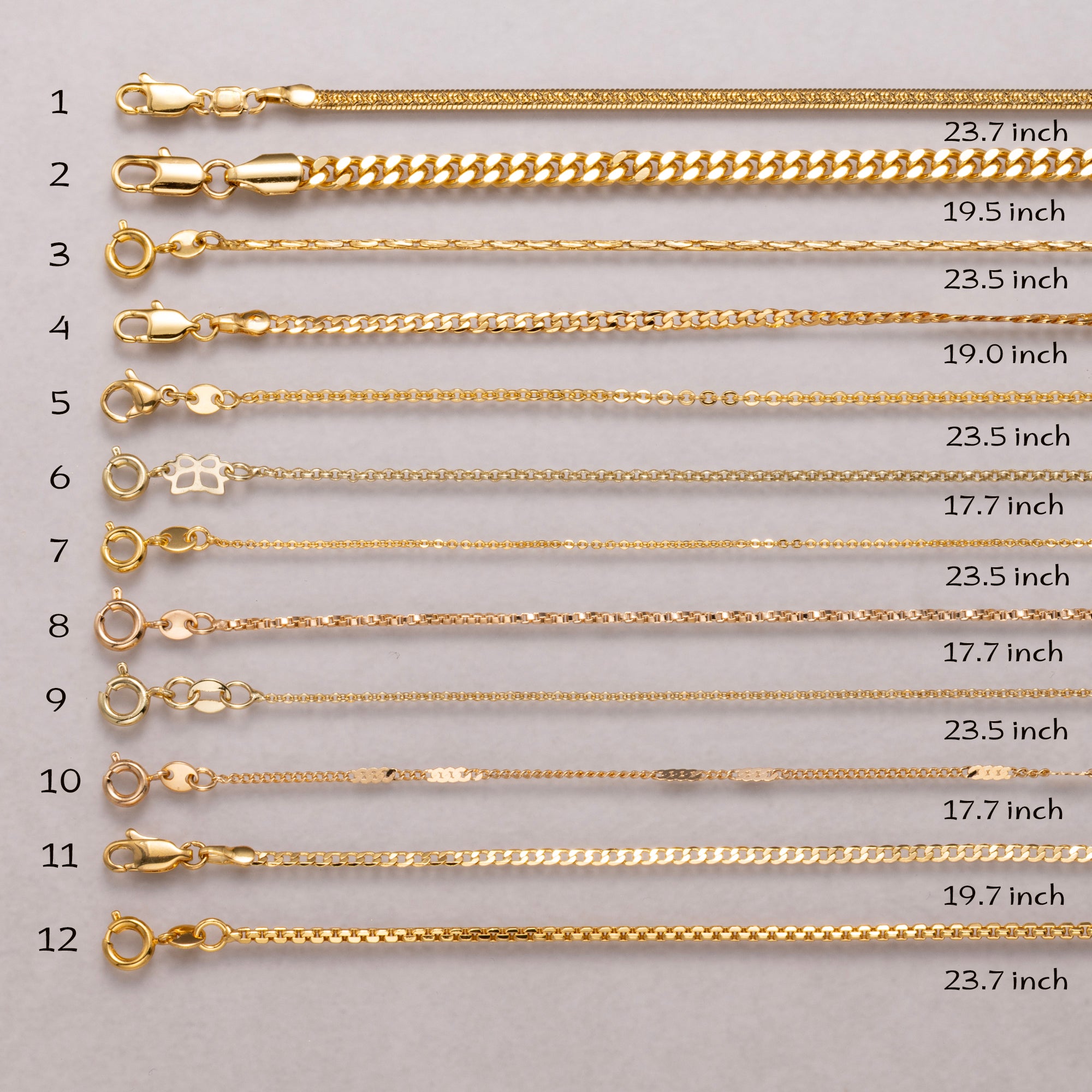 24K Gold Plated Herringbone Curb, Rolo, Cable Chain Necklace for Minimalist Jewelry