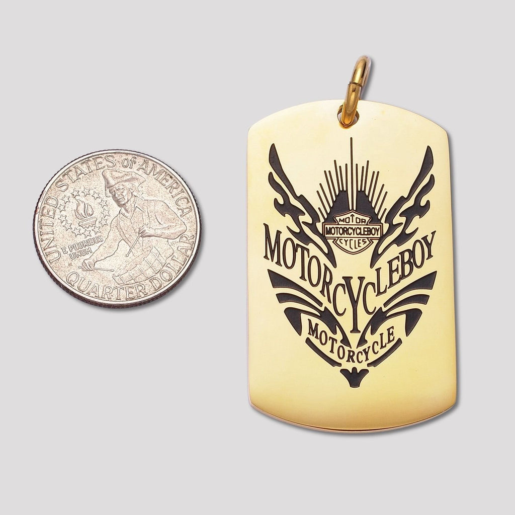 Launch Promo: 24K Gold PVD Stainless Steel Motorcycle Boy Rectangular Tag Pendant in Gold & Silver | Sold Each