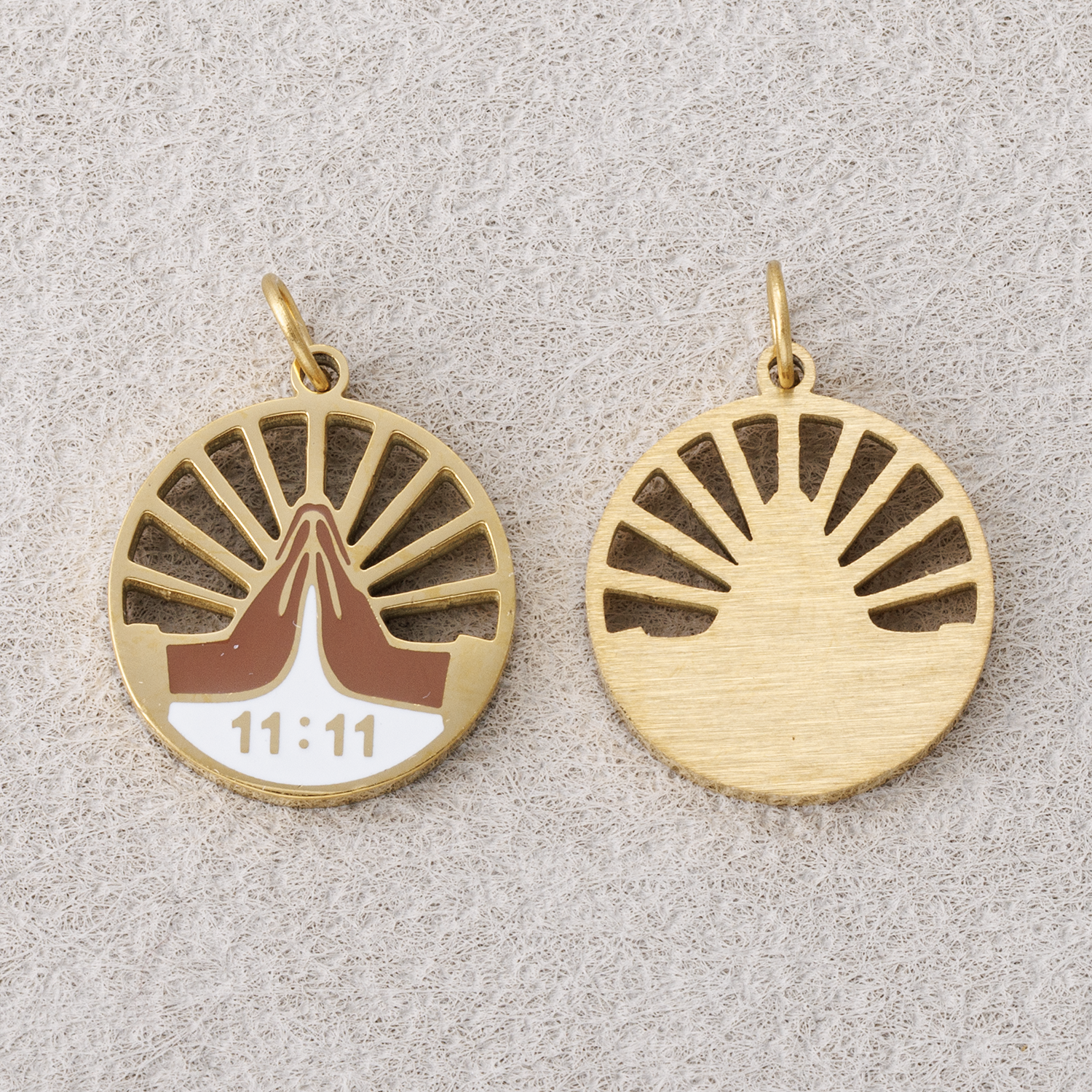 Launch Promo: 24K Gold PVD Stainless Steel Praying Hands Numerology 11:11 Sun Beam Round Charm in Gold & Silver | Sold Each