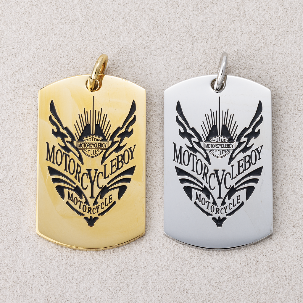Launch Promo: 24K Gold PVD Stainless Steel Motorcycle Boy Rectangular Tag Pendant in Gold & Silver | Sold Each
