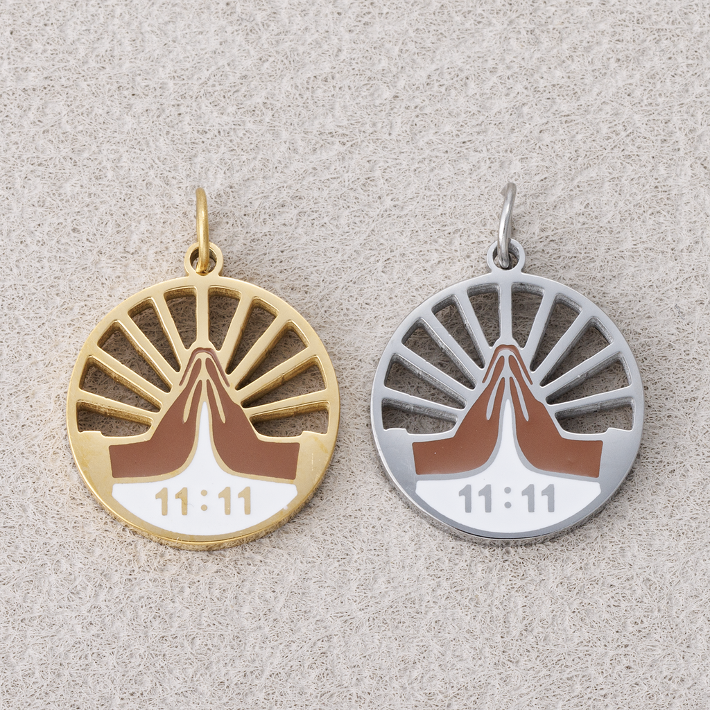Launch Promo: 24K Gold PVD Stainless Steel Praying Hands Numerology 11:11 Sun Beam Round Charm in Gold & Silver | Sold Each