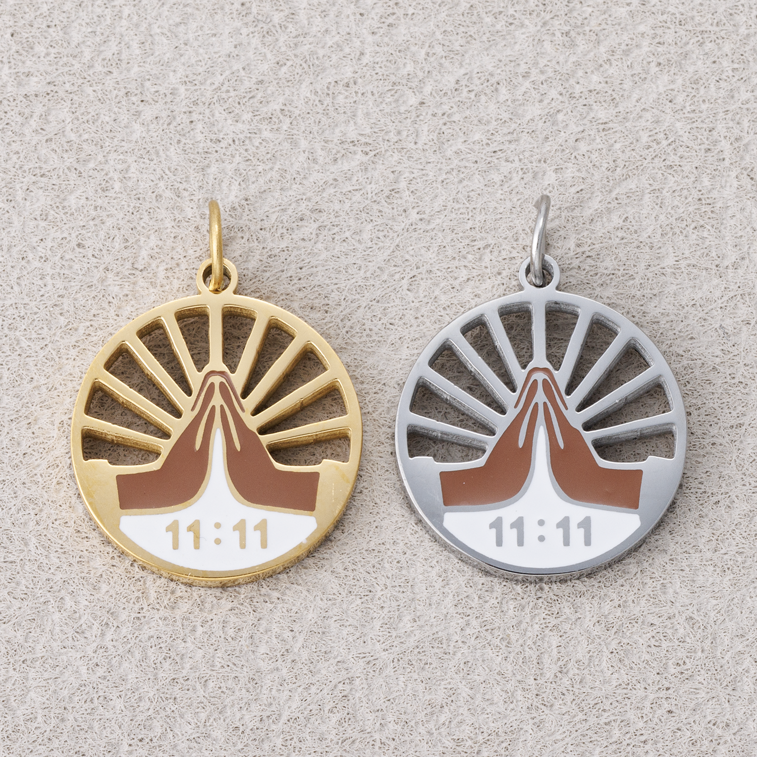 Launch Promo: 24K Gold PVD Stainless Steel Praying Hands Numerology 11:11 Sun Beam Round Charm in Gold & Silver | Sold Each