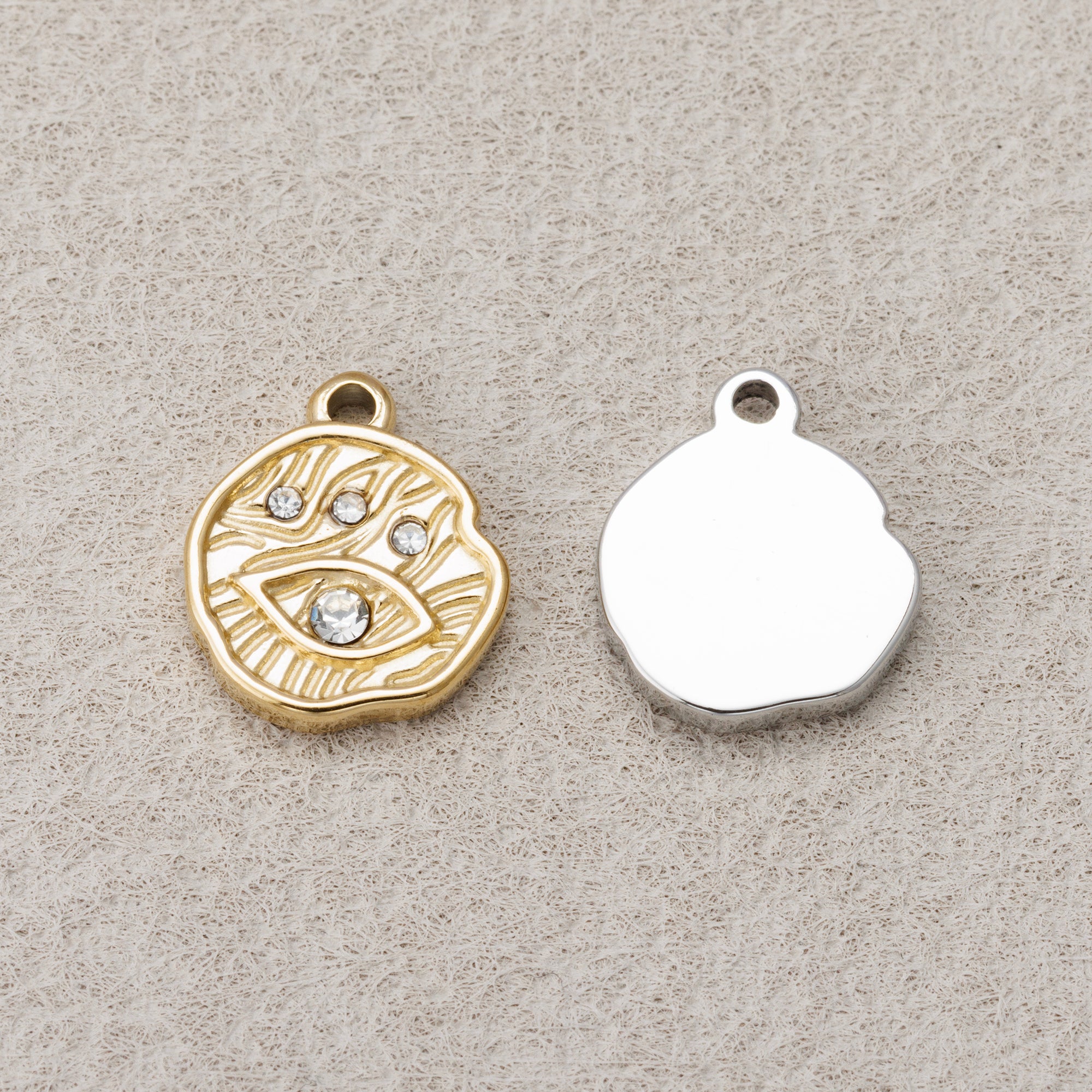 Launch Promo: 24K Gold PVD Stainless Steel Clear CZ Hammered Evil Eye Charm | Sold Each