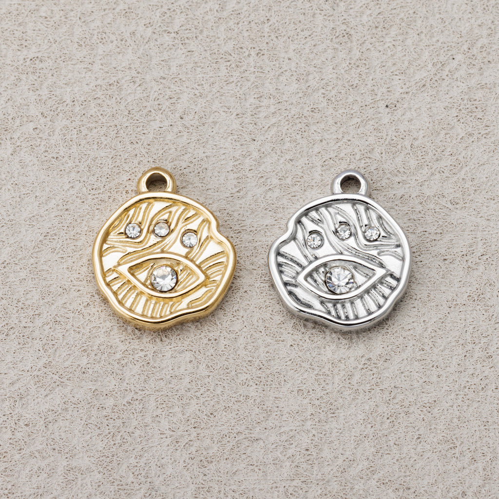 Launch Promo: 24K Gold PVD Stainless Steel Clear CZ Hammered Evil Eye Charm | Sold Each
