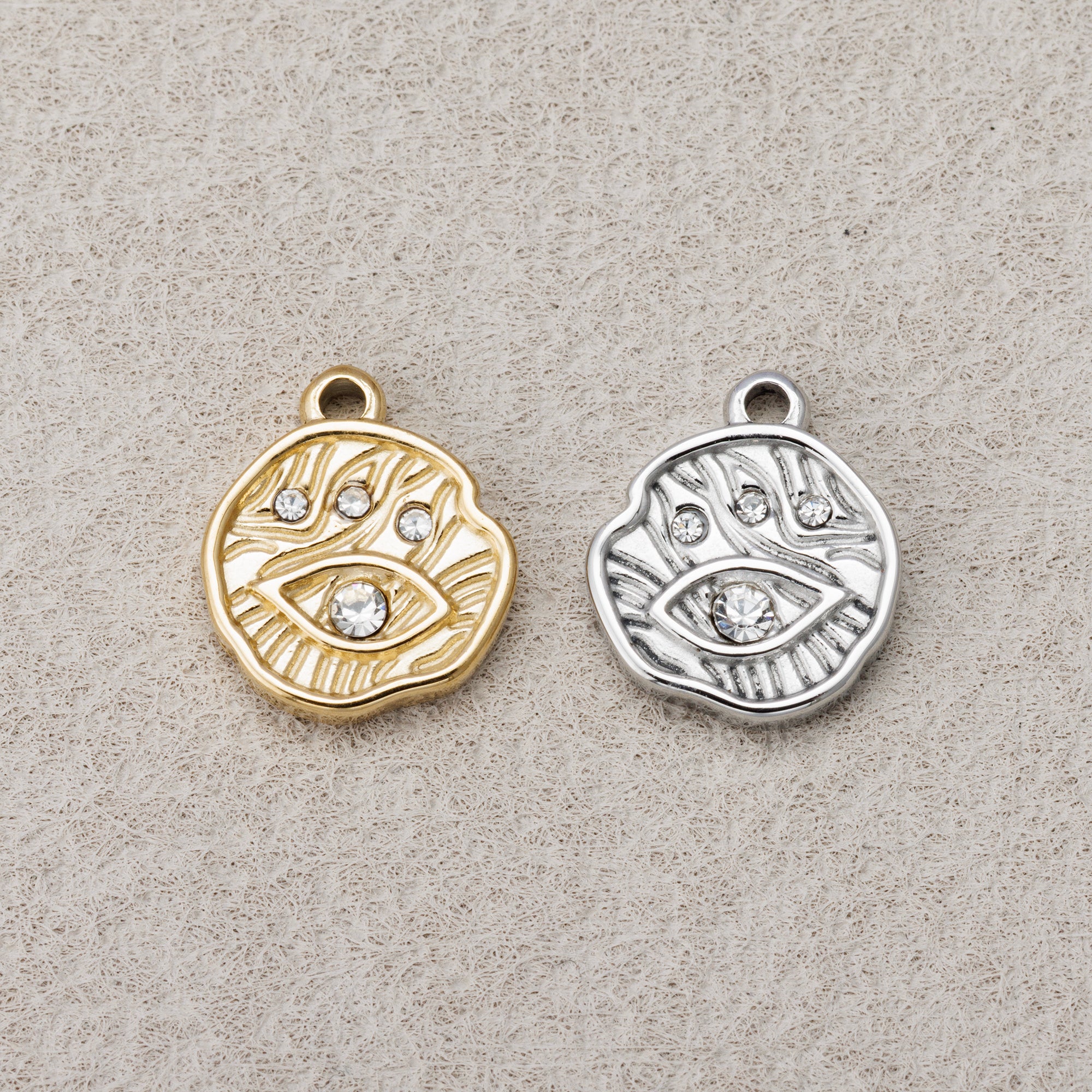 Launch Promo: 24K Gold PVD Stainless Steel Clear CZ Hammered Evil Eye Charm | Sold Each