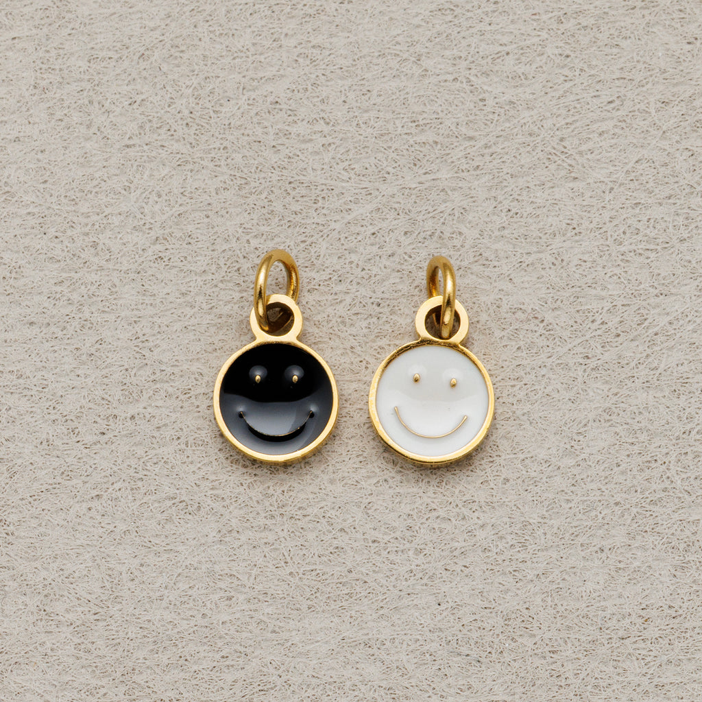 Launch Promo: Gold PVD Stainless Steel Black & White Enamel Mini Smiley Emoticon Charm | Sold Each