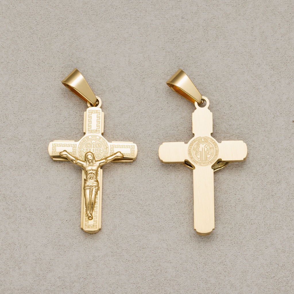 Launch Promo: 24K Gold PVD Stainless Steel San Benito Crucifix Cross Pendant Charm | Sold Each