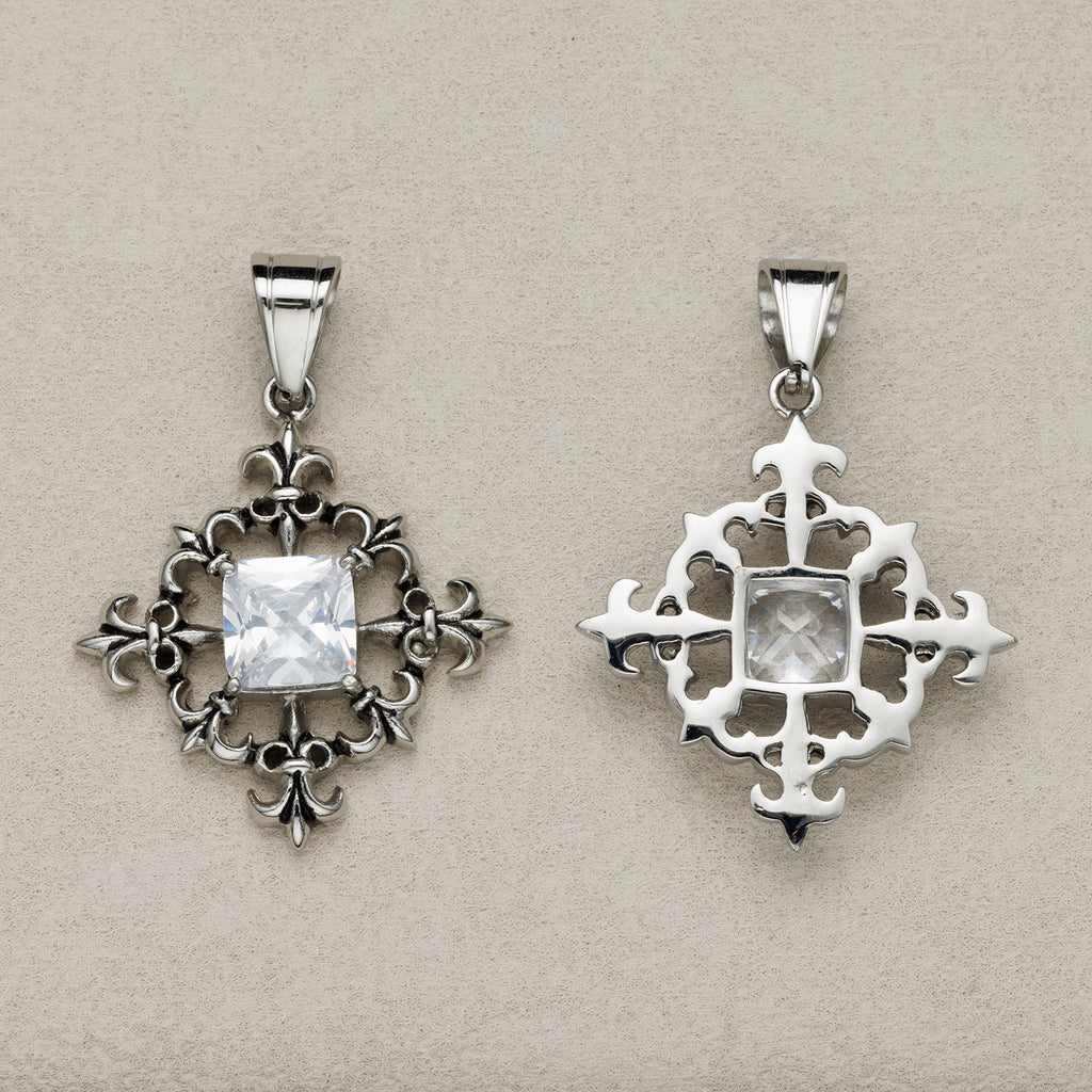 Launch Promo: Stainless Steel Pear Cut CZ Gothic Fleur-de-lis Shield Pendant | Sold Each