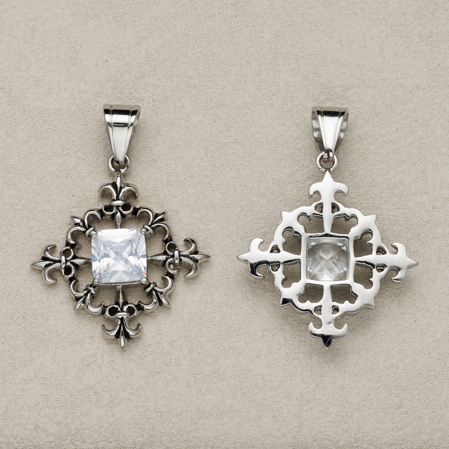 Launch Promo: Stainless Steel Pear Cut CZ Gothic Fleur-de-lis Shield Pendant | Sold Each