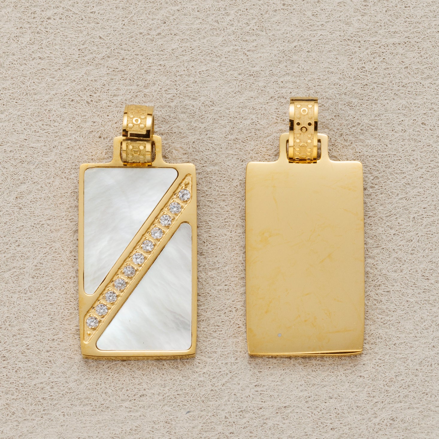 Launch Promo: 24K Gold PVD Stainless Steel Mother Of Pearl Micro Paved CZ Rectangular Geometric Pendant | Sold Each