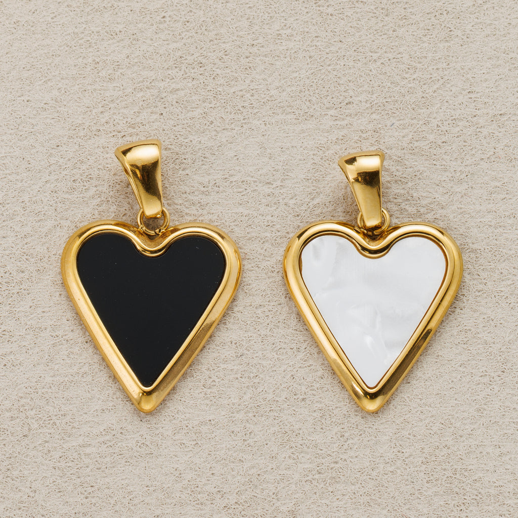 Launch Promo: 24K Gold PVD Stainless Steel Black & White Mother Of Pearl Love Heart Pendant | Sold Each