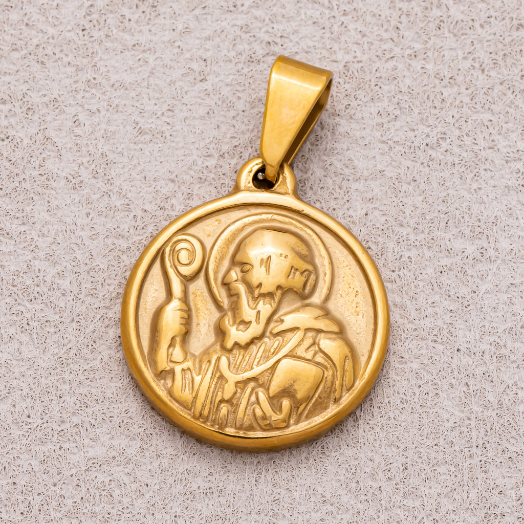 Gold PVD Stainless Steel Saint Benedict Religious Medallion Pendant Double Sided