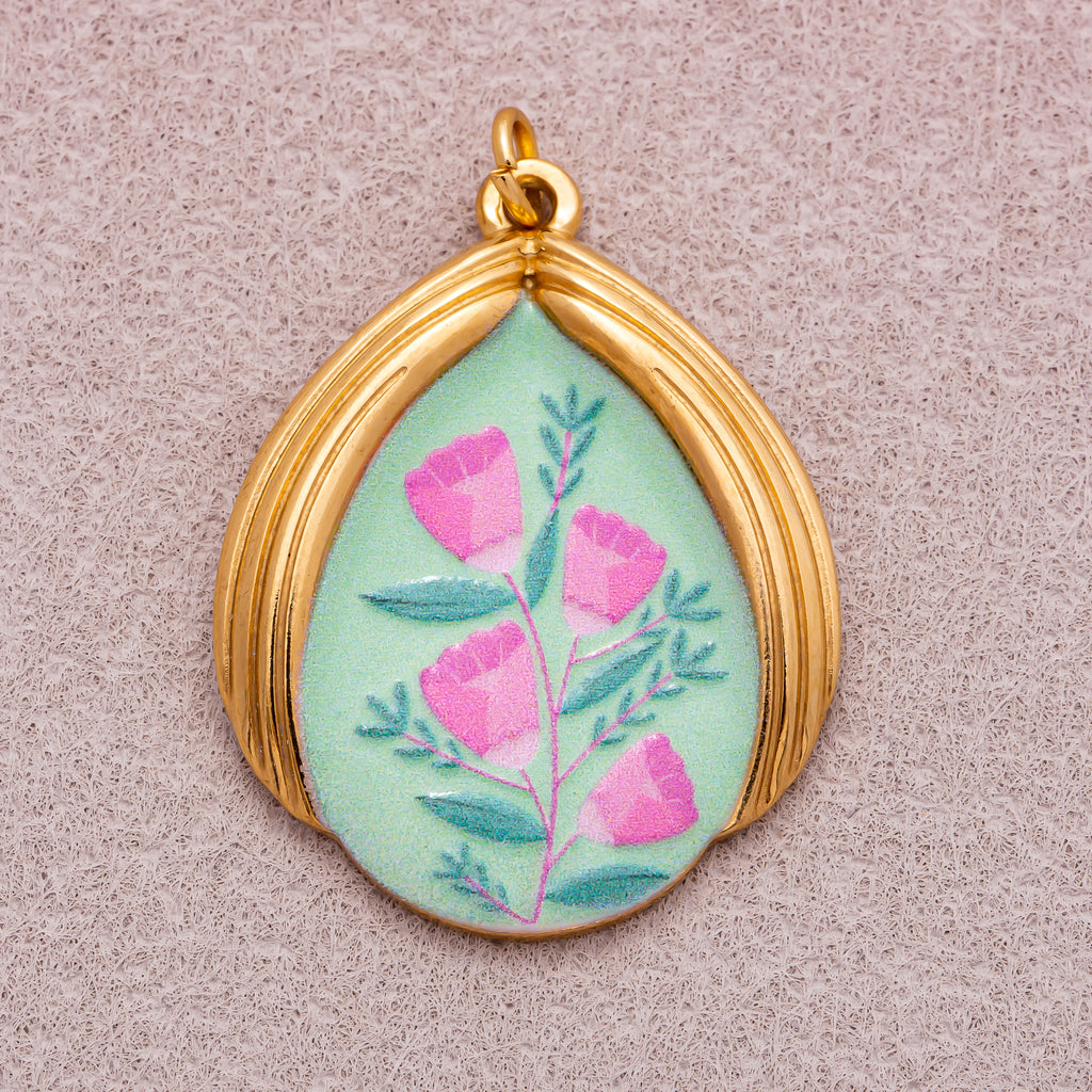 Gold PVD Stainless Steel Teardrop Floral Enamel Pendants