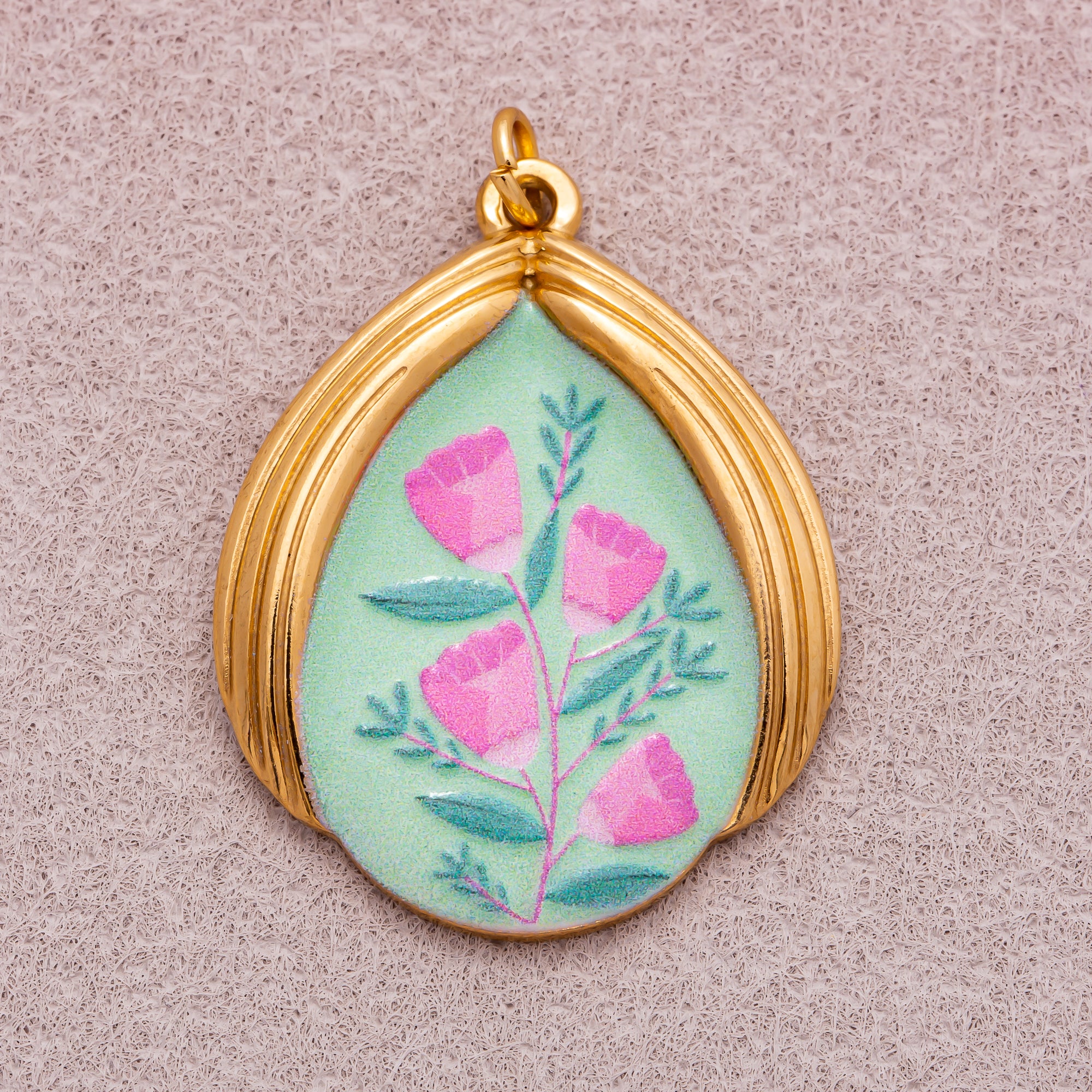 Gold PVD Stainless Steel Teardrop Floral Enamel Pendants
