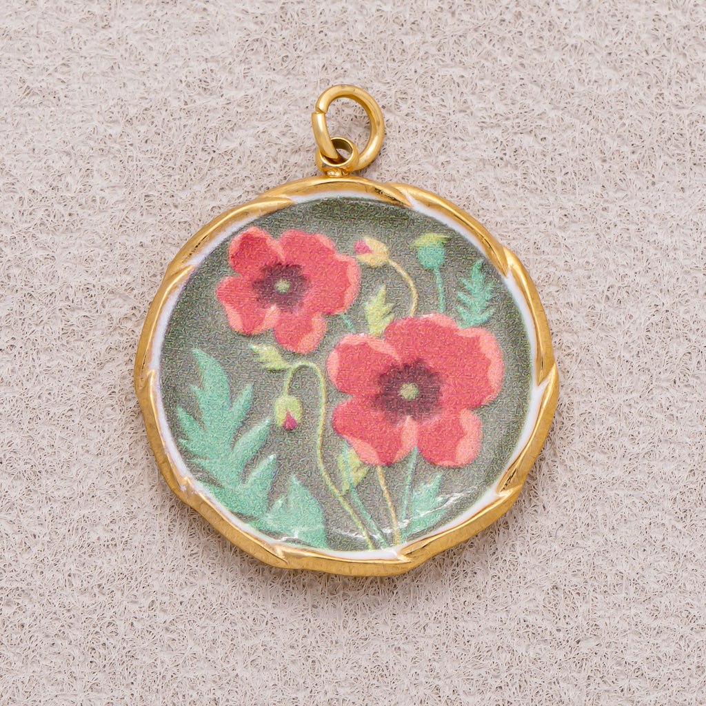 Gold PVD Stainless Steel Hand-Painted Red Poppy Flower Round Charm