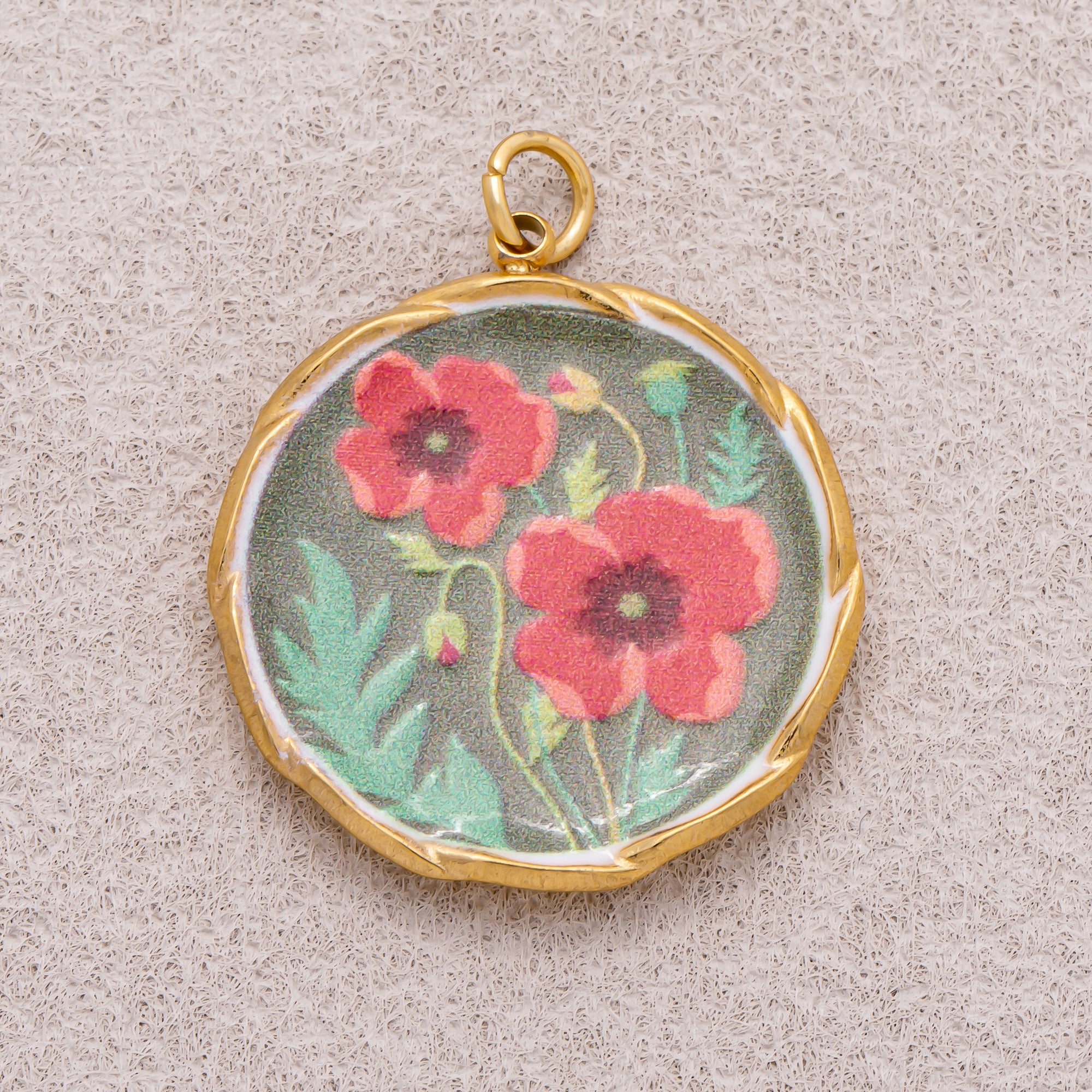 Gold PVD Stainless Steel Hand-Painted Red Poppy Flower Round Charm