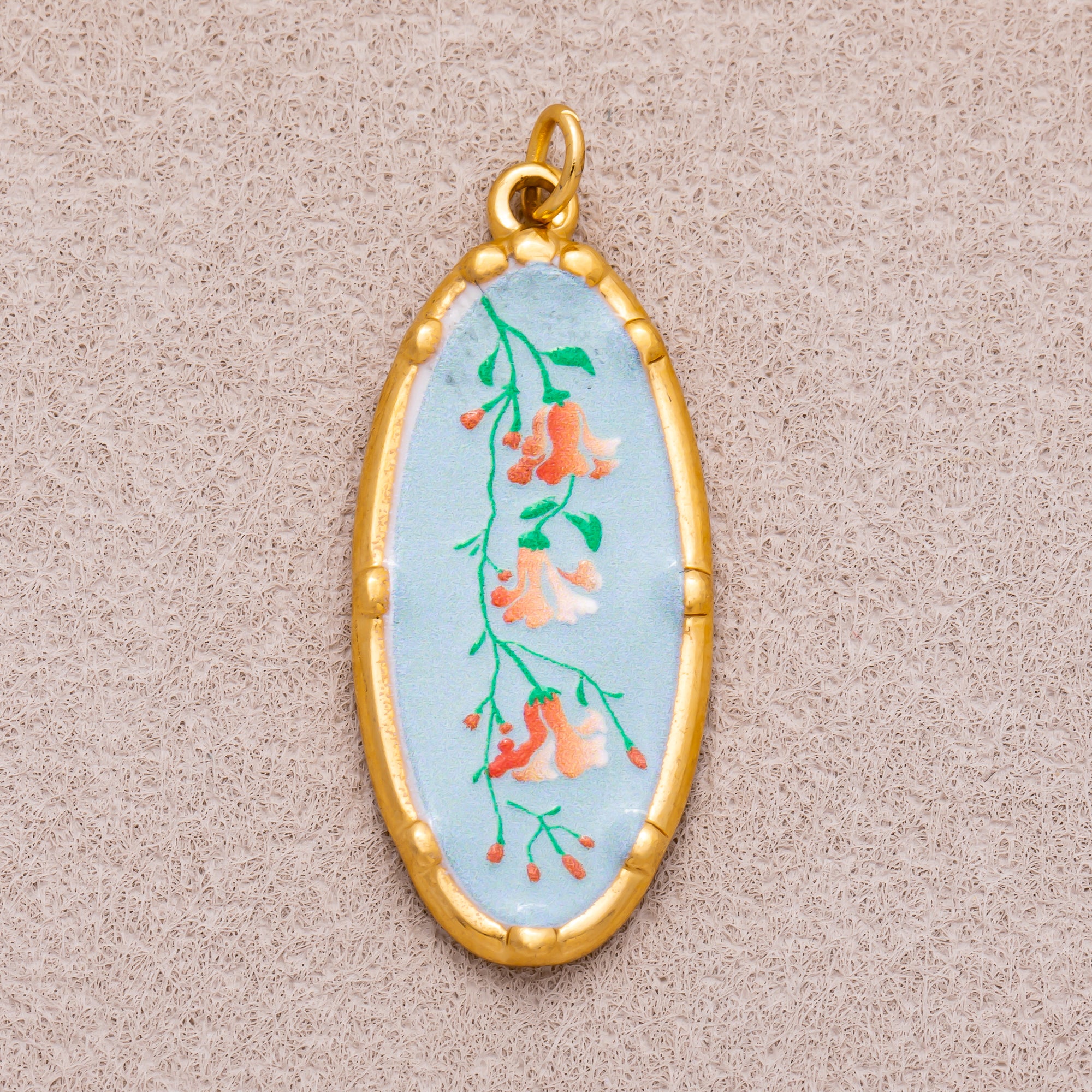 Gold PVD Stainless Steel Hand-Painted Colorful Vintage Oval Artistic Botanical Charm
