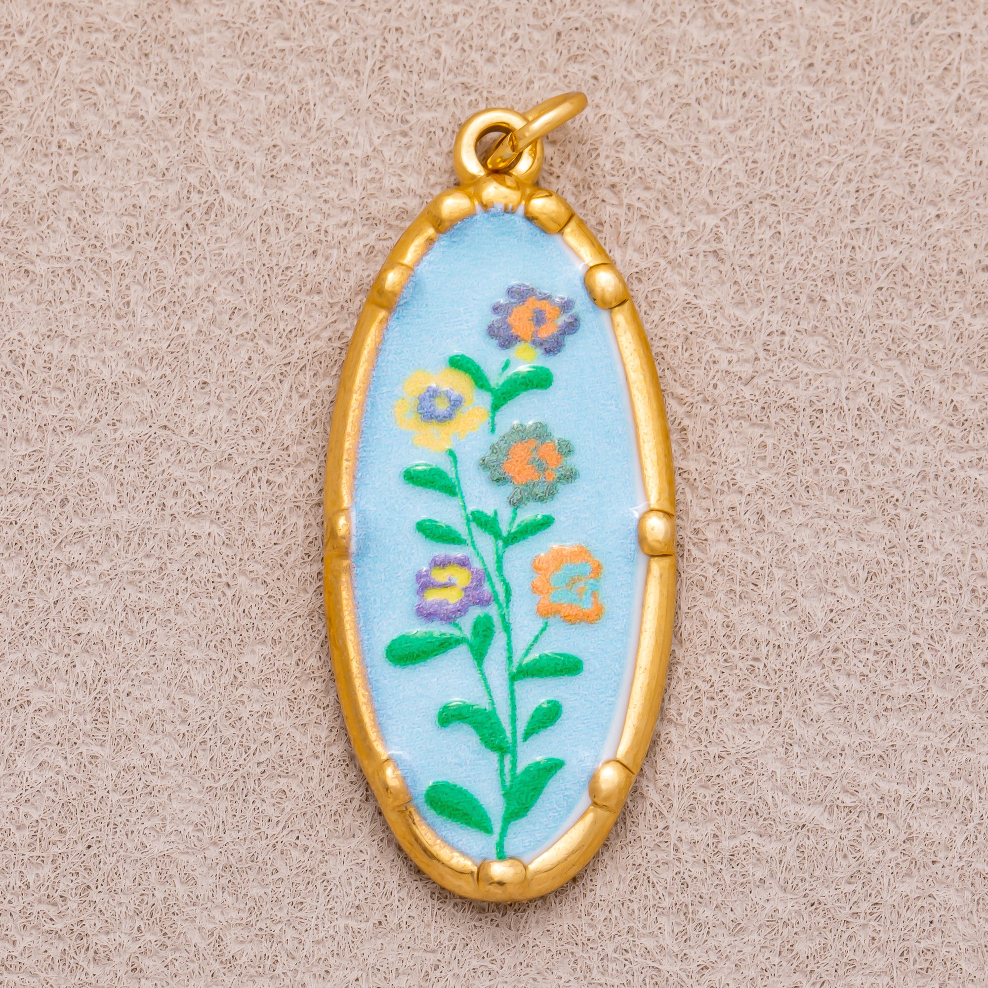 Gold PVD Stainless Steel Hand-Painted Colorful Vintage Oval Artistic Botanical Charm
