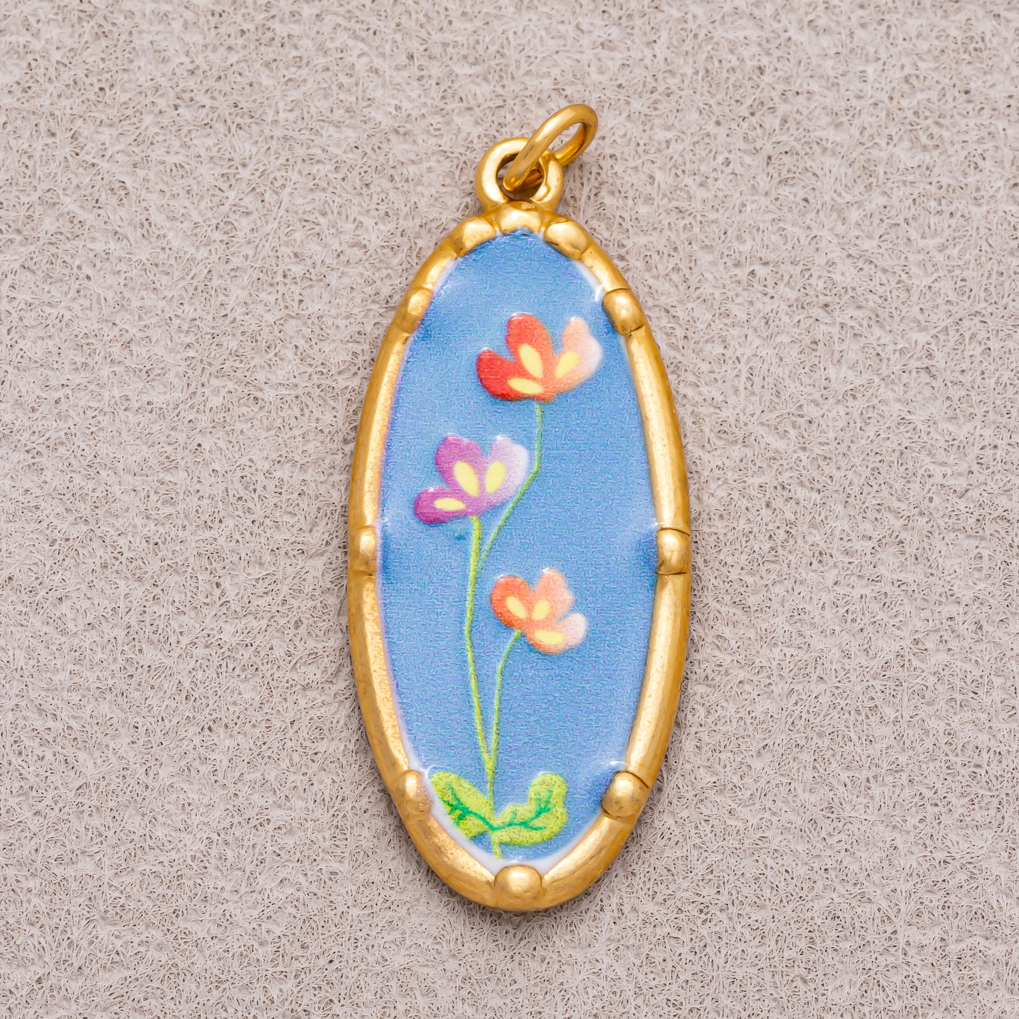 Gold PVD Stainless Steel Hand-Painted Colorful Vintage Oval Artistic Botanical Charm