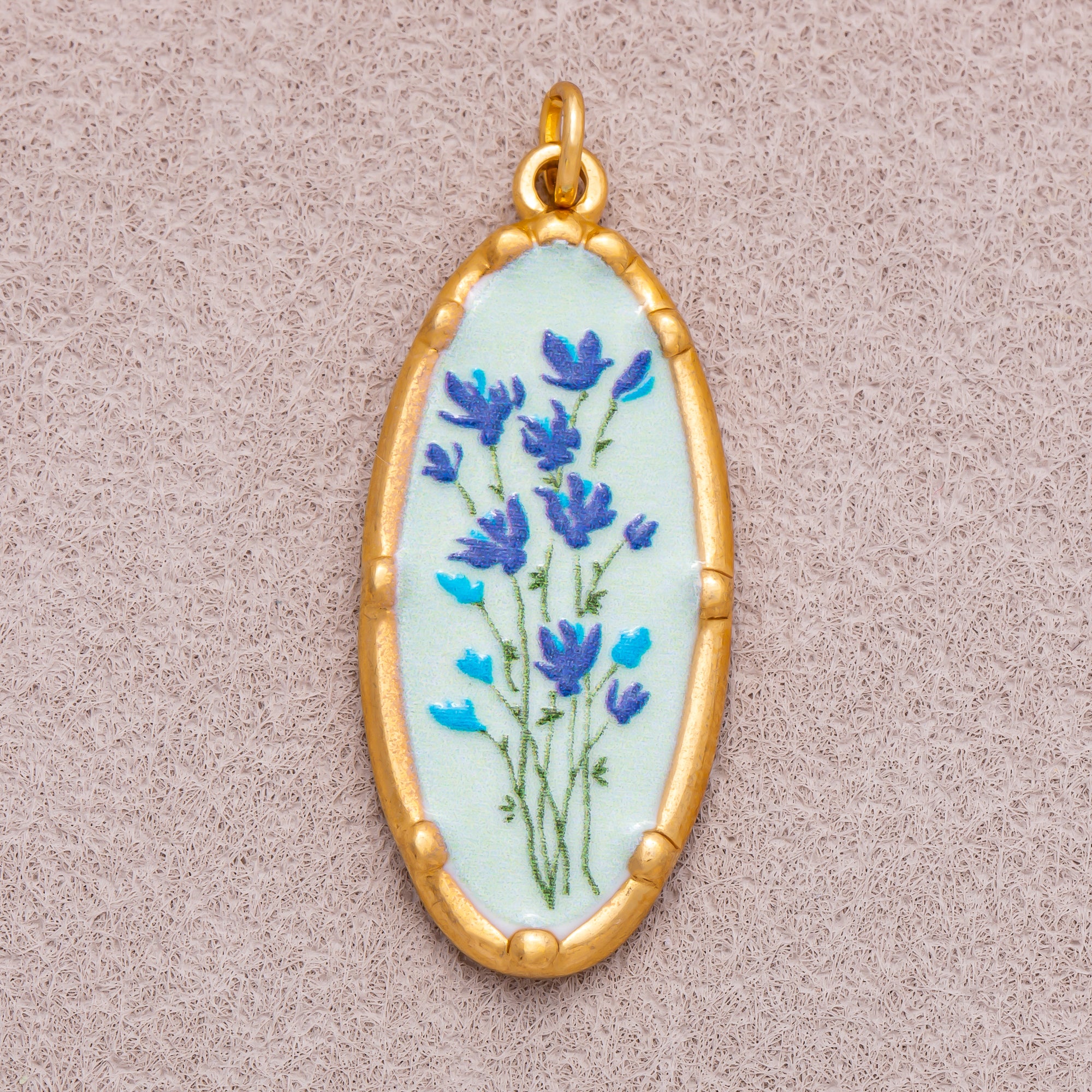 Gold PVD Stainless Steel Hand-Painted Colorful Vintage Oval Artistic Botanical Charm