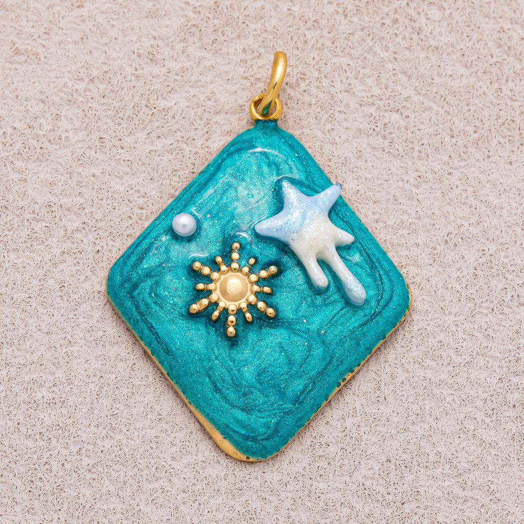 Gold PVD Stainless Steel Blue Molten Star and Sunburst Enamel Rhombus Charm