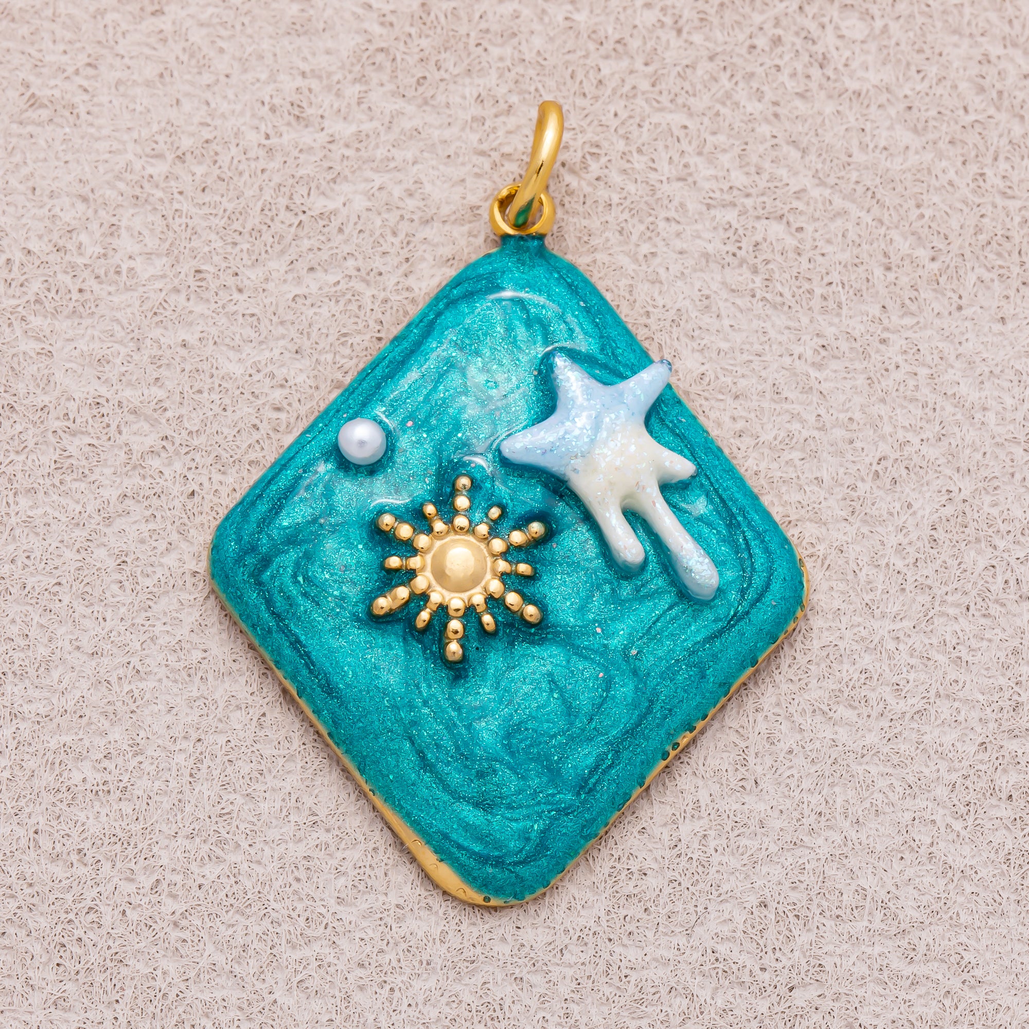 Gold PVD Stainless Steel Blue Molten Star and Sunburst Enamel Rhombus Charm