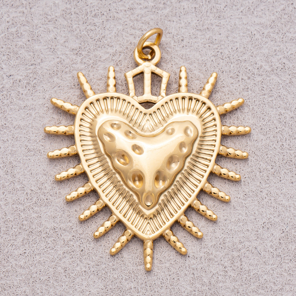 Gold PVD Stainless Steel Hammered Shield Heart Sunburst Charm