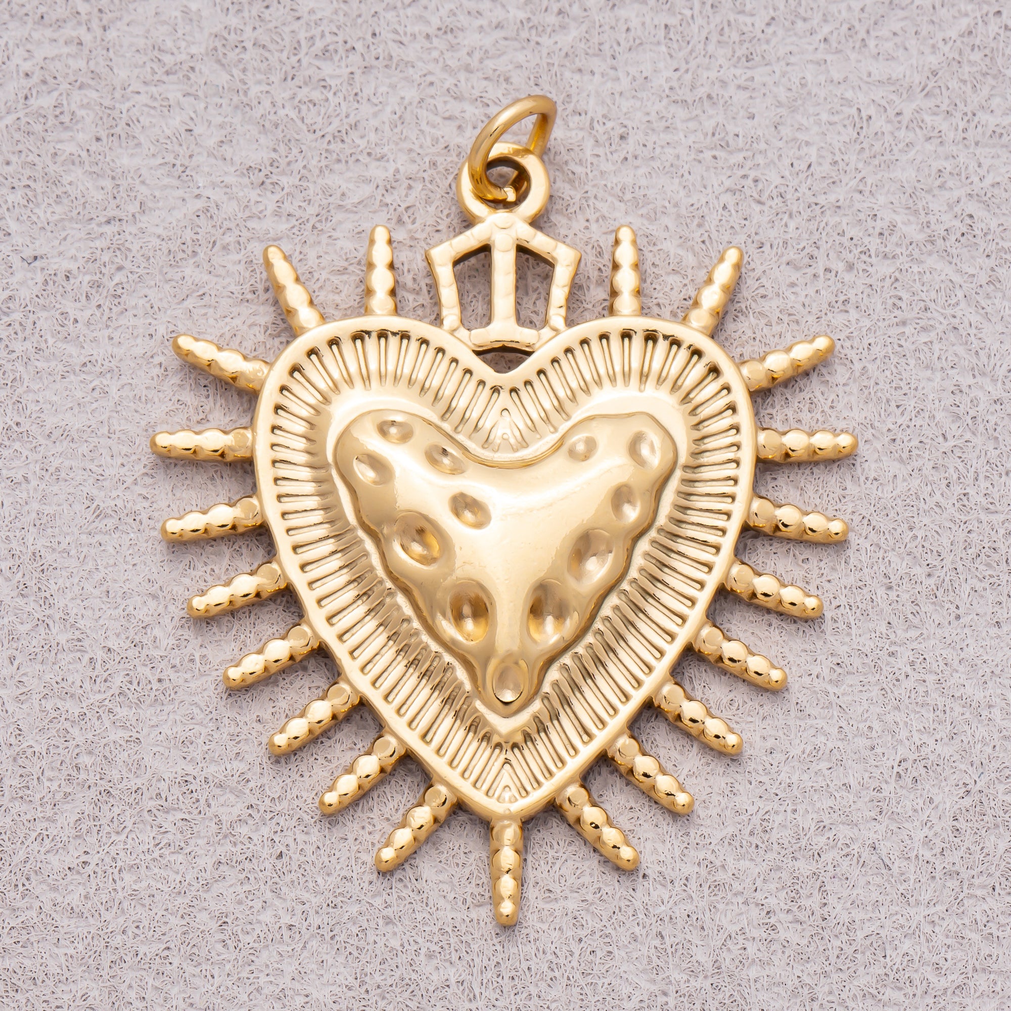 Gold PVD Stainless Steel Hammered Shield Heart Sunburst Charm