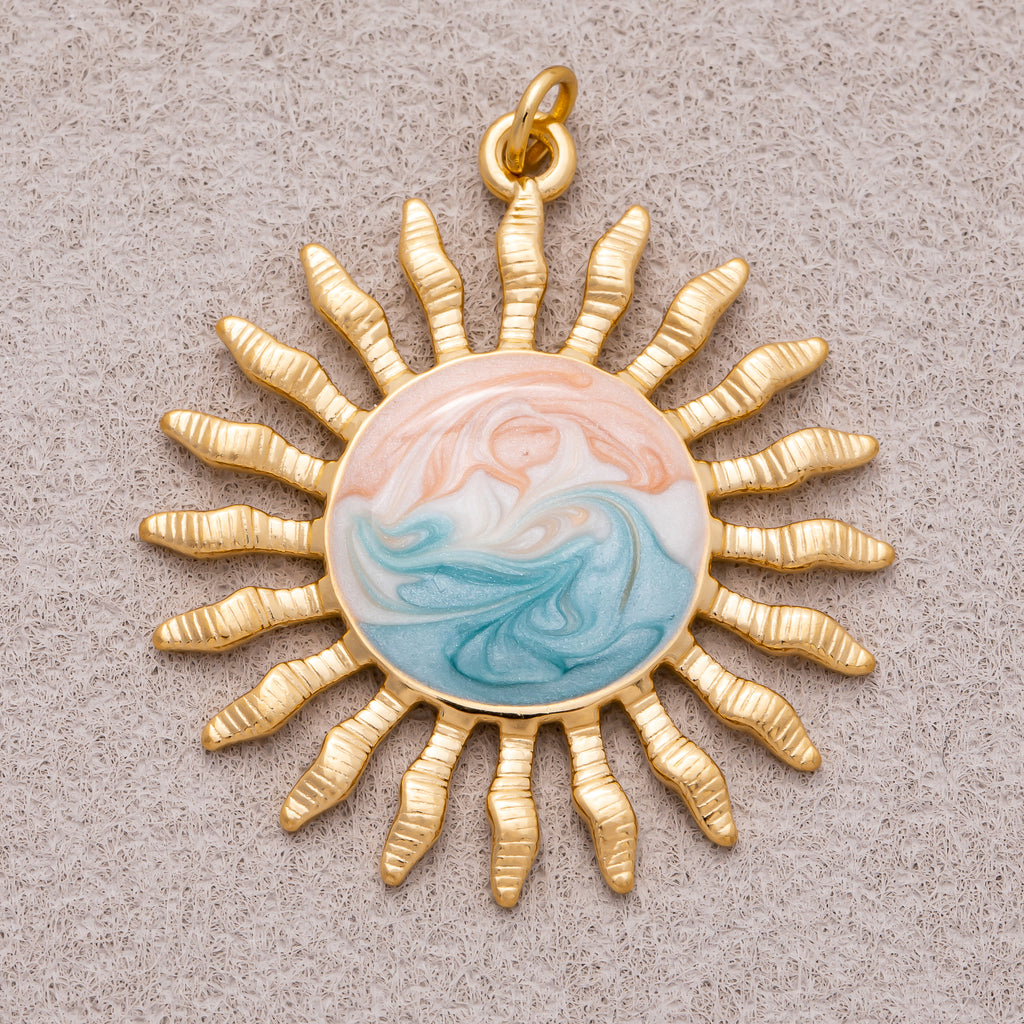 Gold PVD Stainless Steel Pastel Swirl Enamel Sunburst Medallion Charm