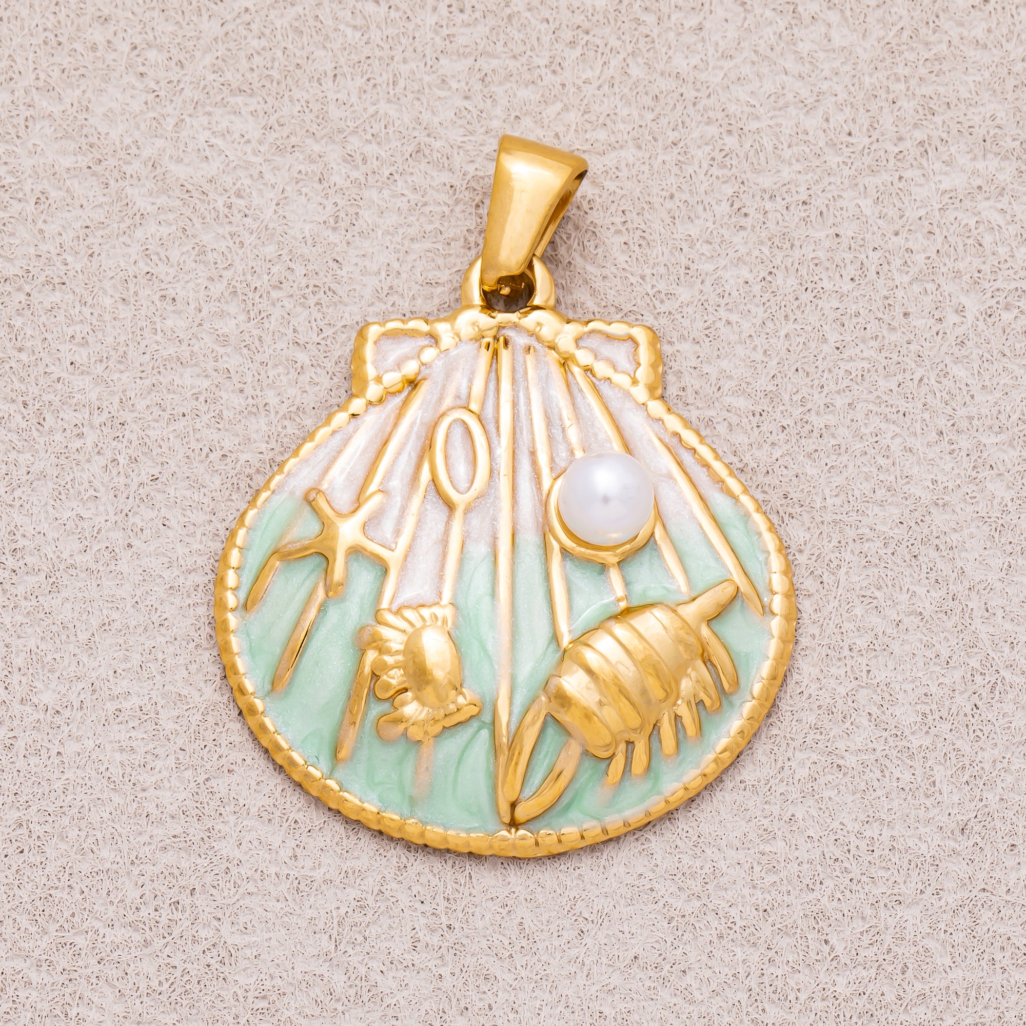 Gold PVD Stainless Steel Shell Pearl Colorful Ribbed Clam Shell Charm