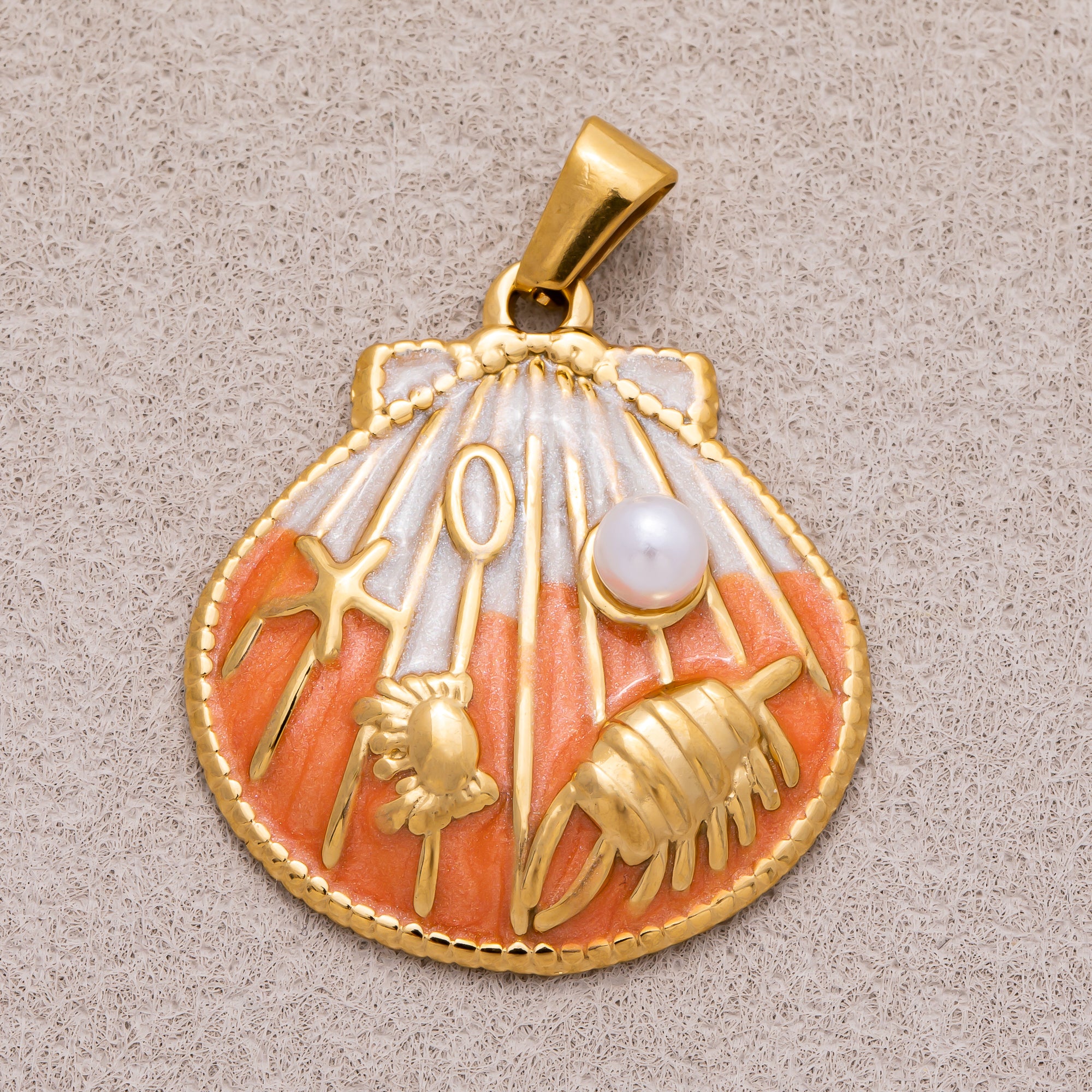 Gold PVD Stainless Steel Shell Pearl Colorful Ribbed Clam Shell Charm
