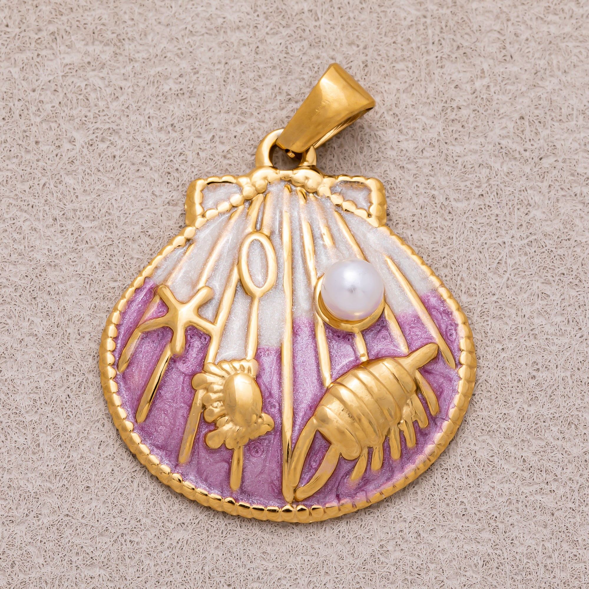 Gold PVD Stainless Steel Shell Pearl Colorful Ribbed Clam Shell Charm