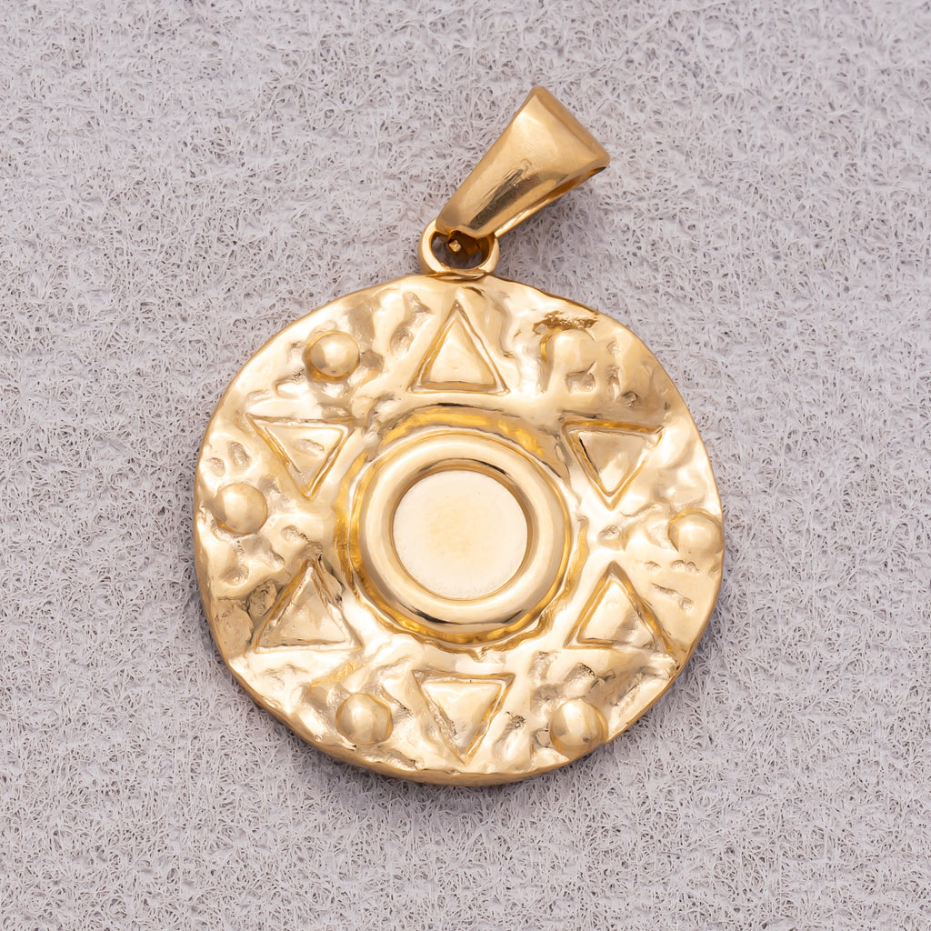 Gold PVD Stainless Steel Hammered Aztec Textured Medallion Charm