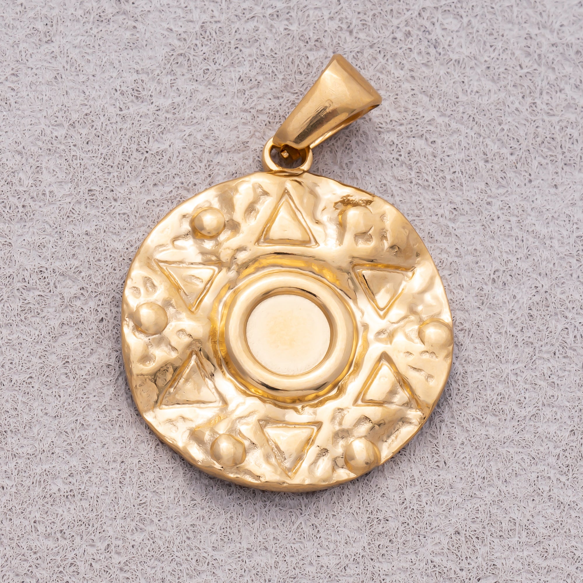 Gold PVD Stainless Steel Hammered Aztec Textured Medallion Charm