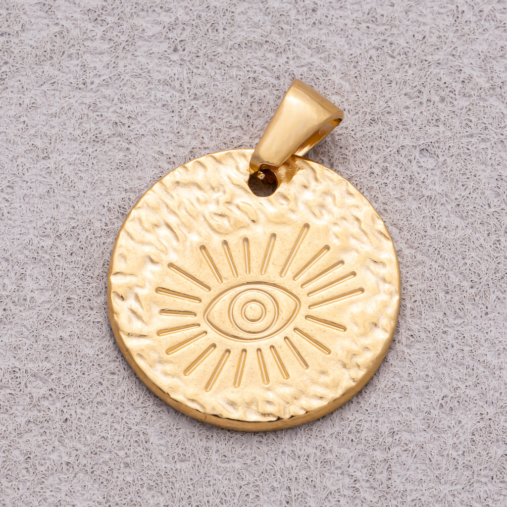 Gold PVD Stainless Steel Evil Eye Textured Medallion Pendant