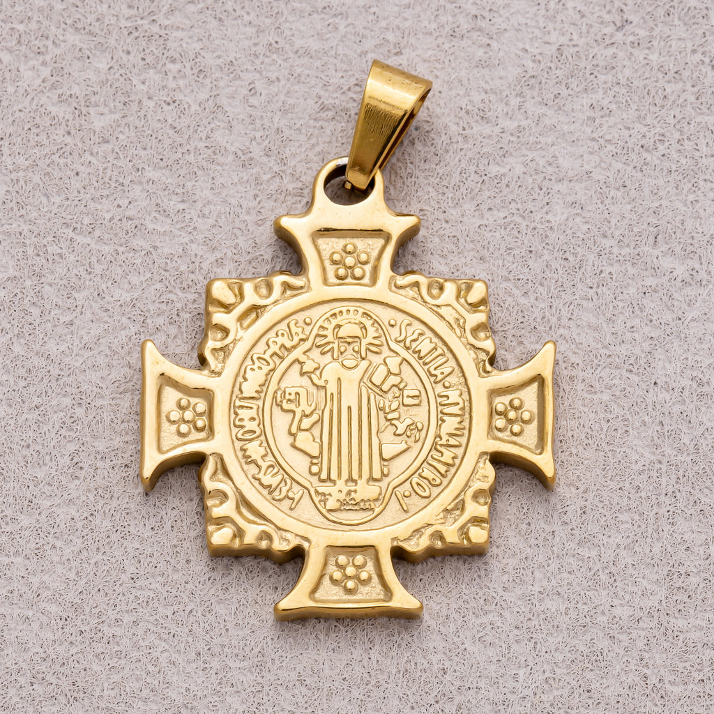 Gold PVD Stainless Steel Saint Benedict Cross Pendant