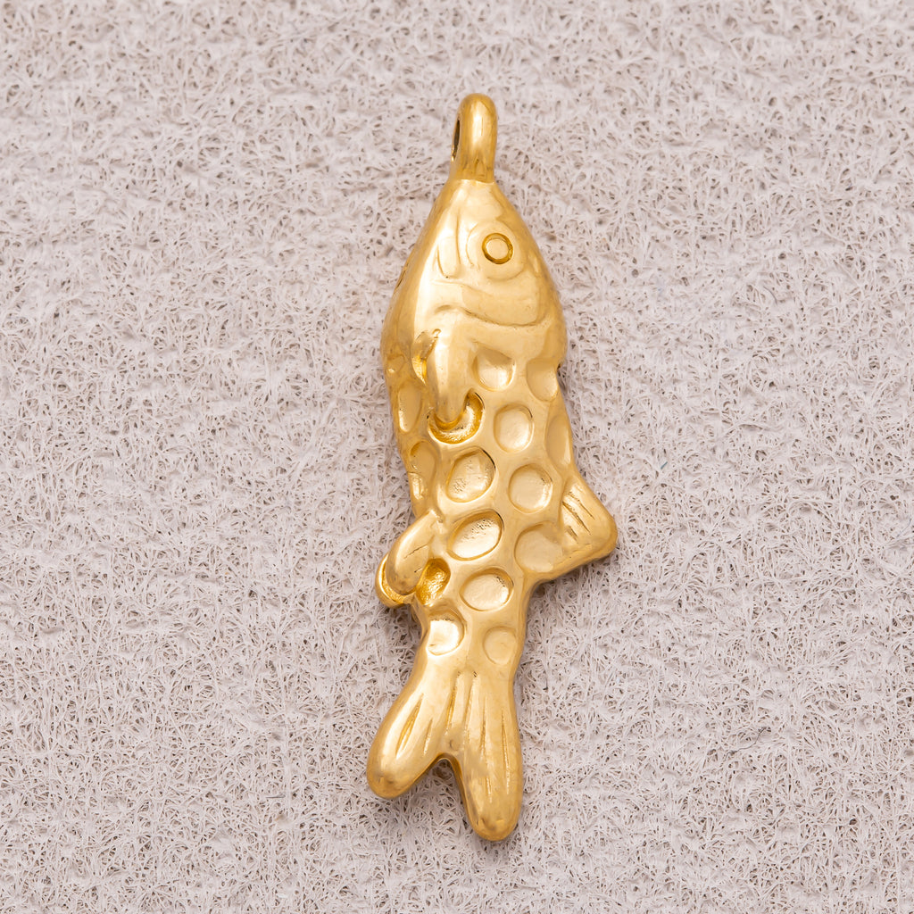Gold PVD Stainless Steel Textured Lucky Fish Animal Pendant