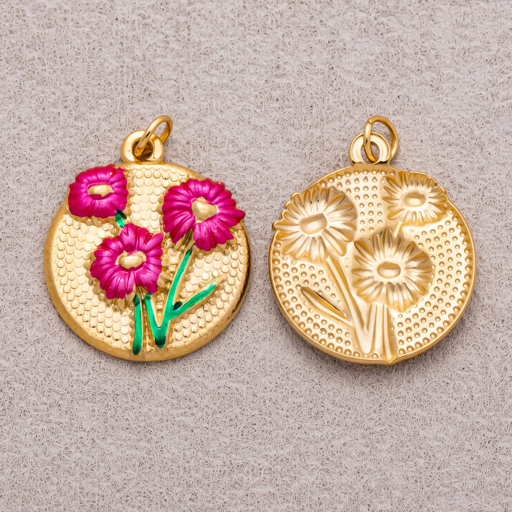 Gold PVD Stainless Steel White, Fuchsia Daisy Flower Medallion Charm