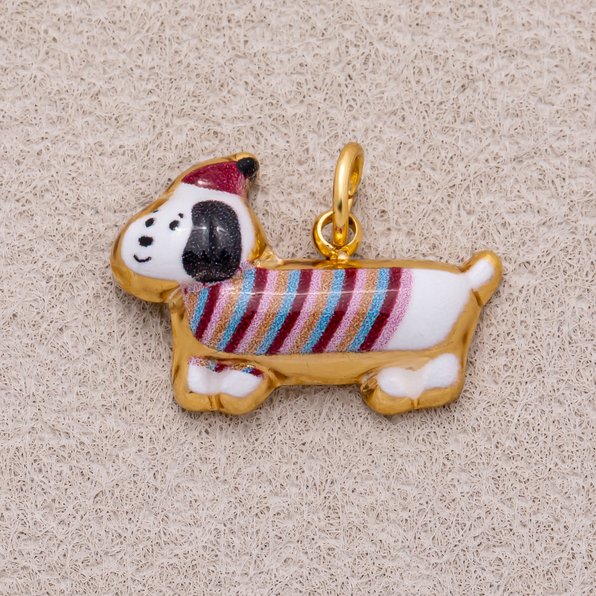 Gold PVD Stainless Steel Brown, White Puppy Pet Animal Charm
