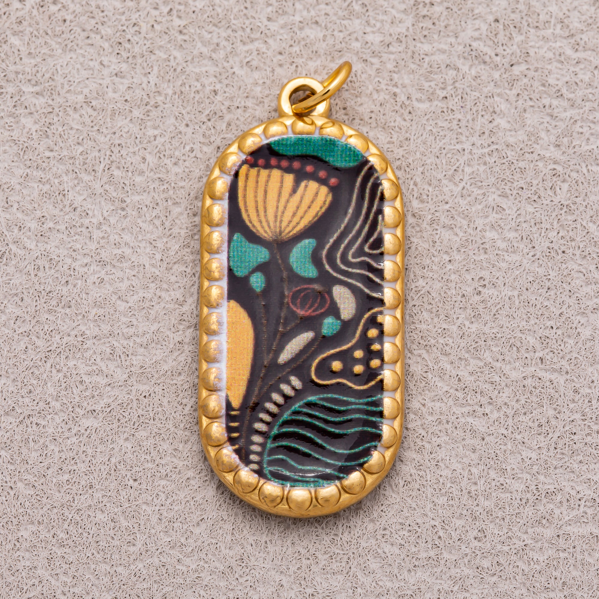 Gold PVD Stainless Steel Oval Floral Enamel Tag Pendants