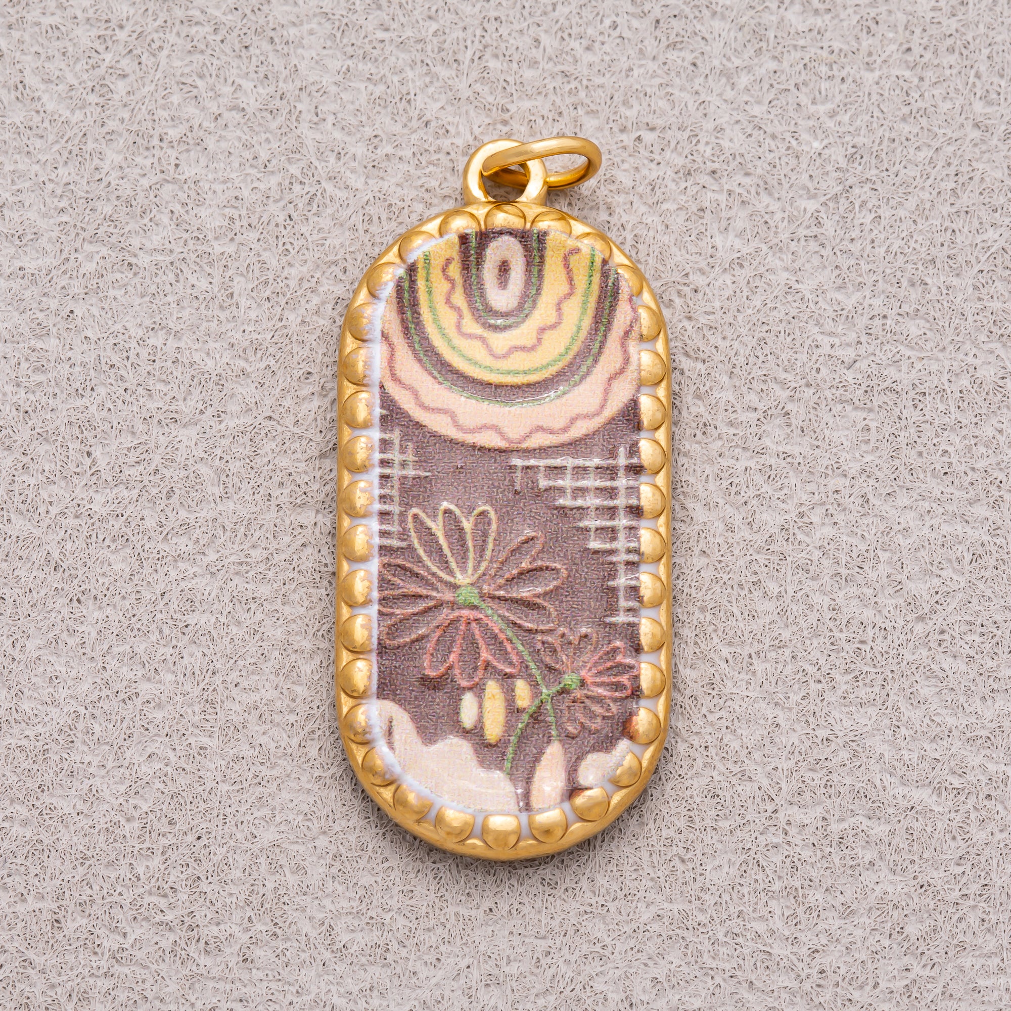 Gold PVD Stainless Steel Oval Floral Enamel Tag Pendants
