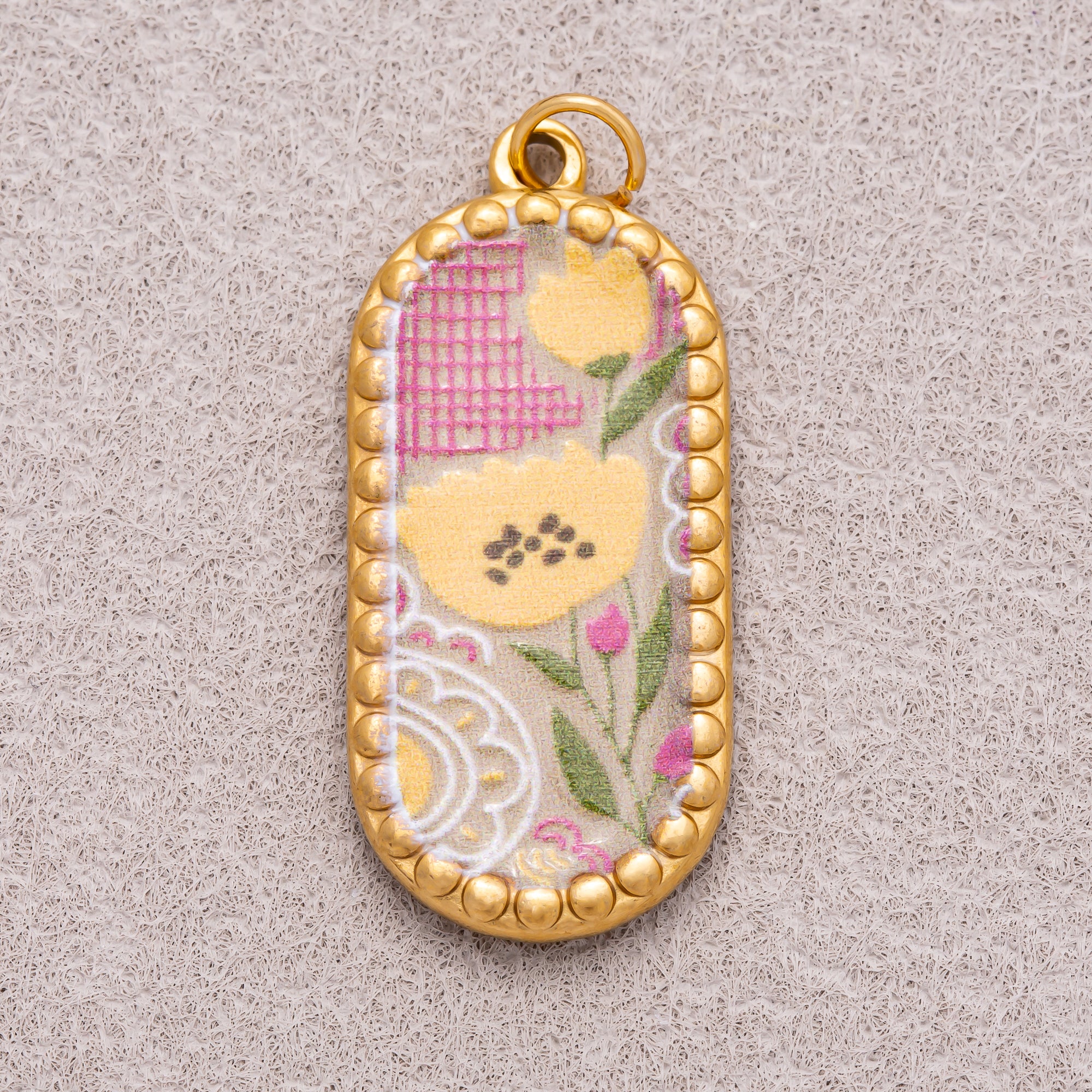 Gold PVD Stainless Steel Oval Floral Enamel Tag Pendants