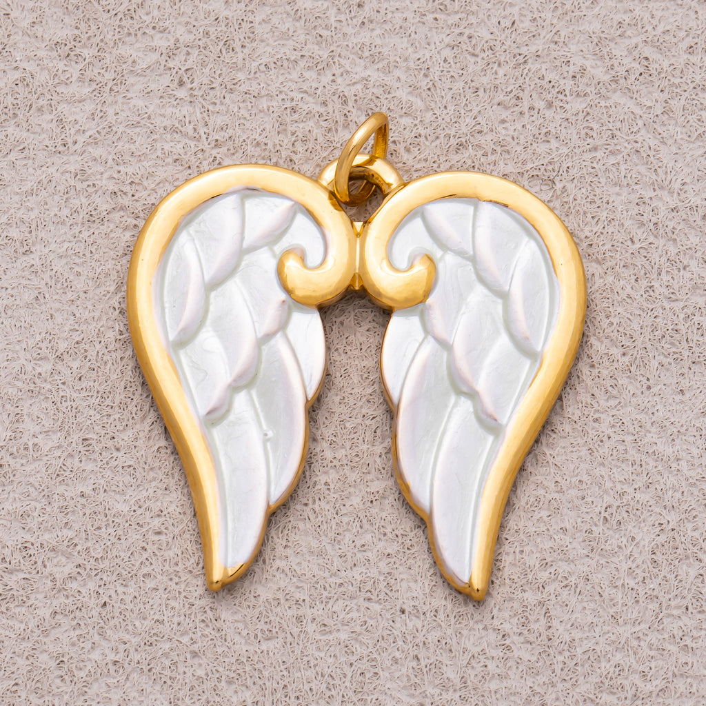 Gold PVD Stainless Steel White Enamel Guardian Angel Wings Charm